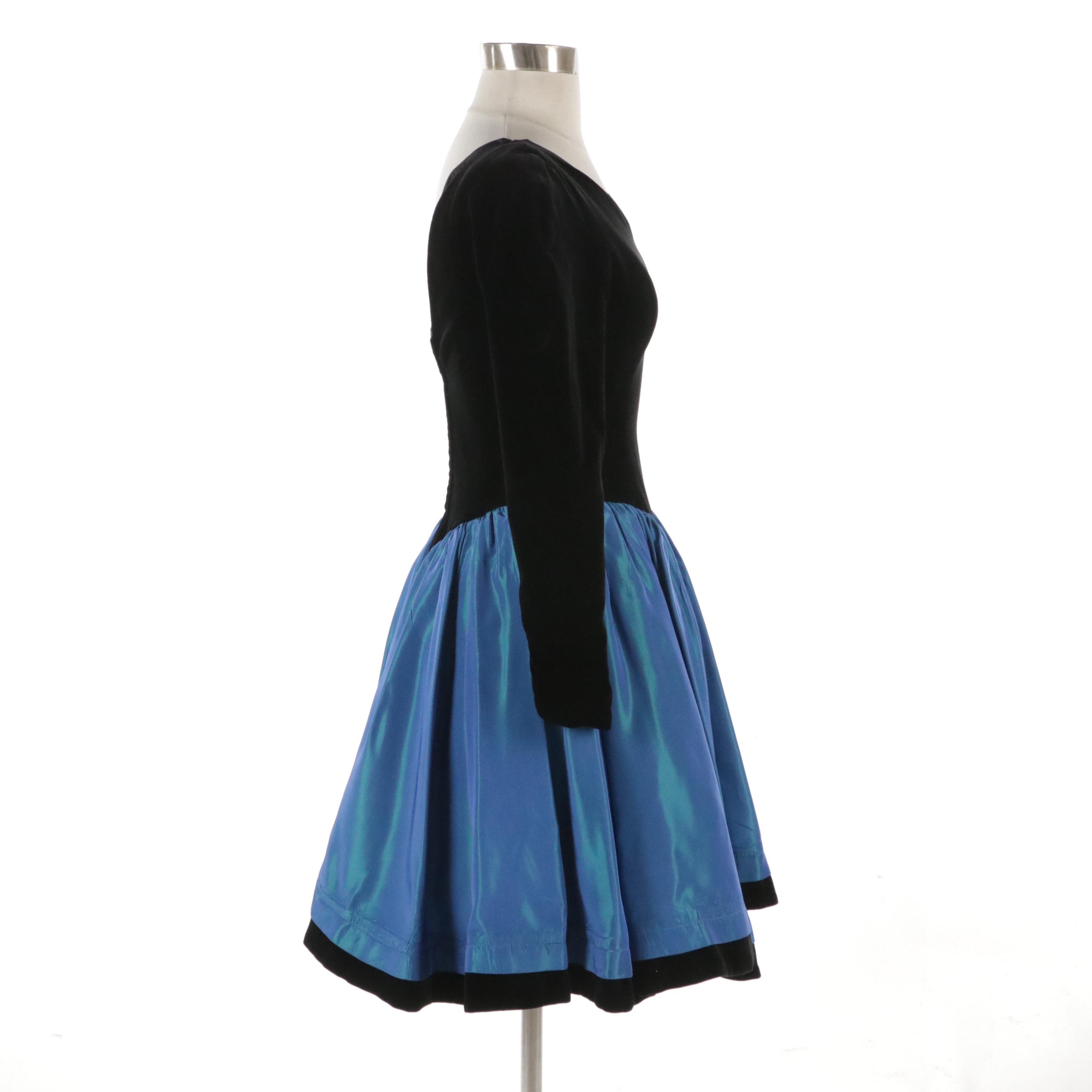 Laura Ashley Vintage Drop-Waist Holiday Party Dress in Velvet and Blue Taffeta