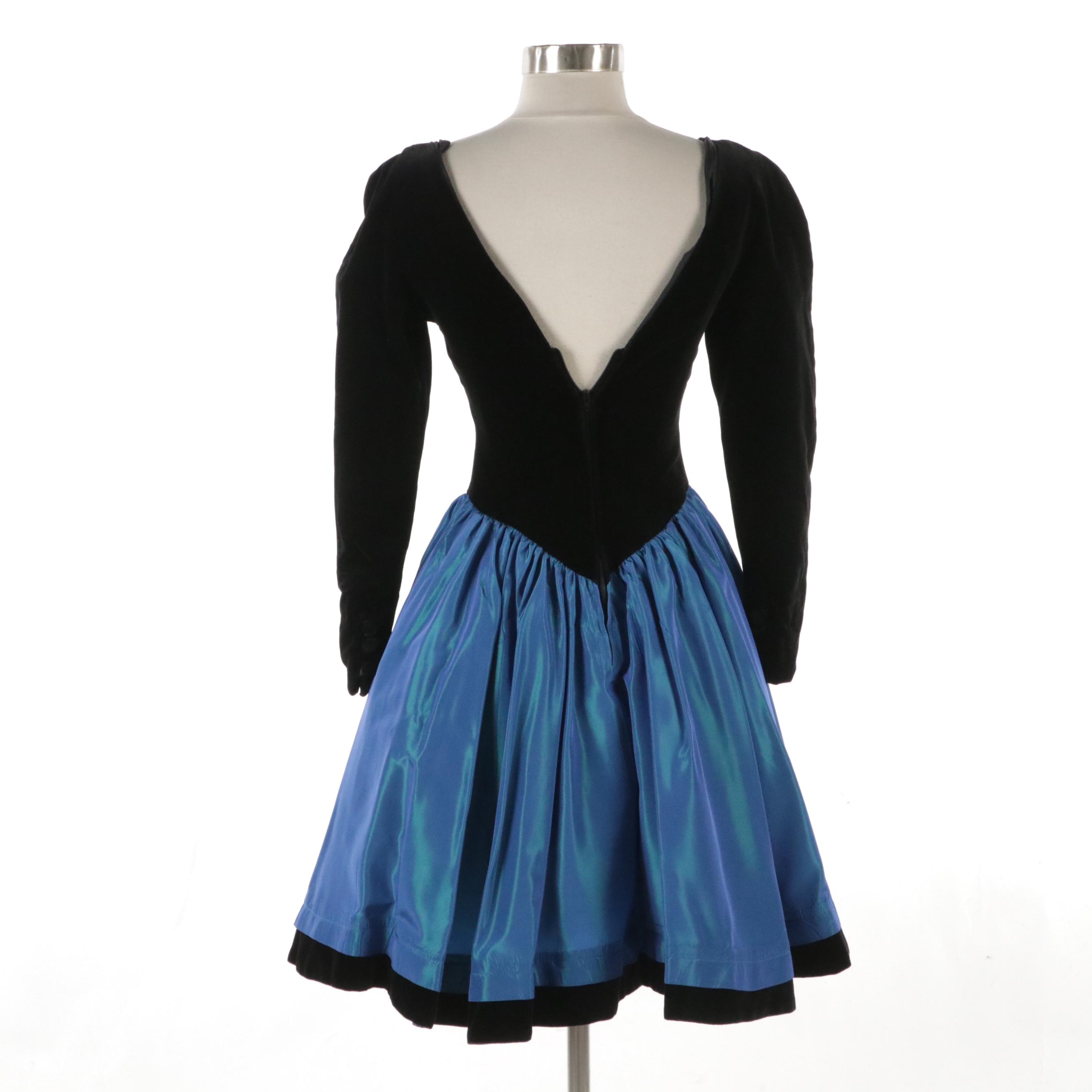 Laura Ashley Vintage Drop-Waist Holiday Party Dress in Velvet and Blue Taffeta