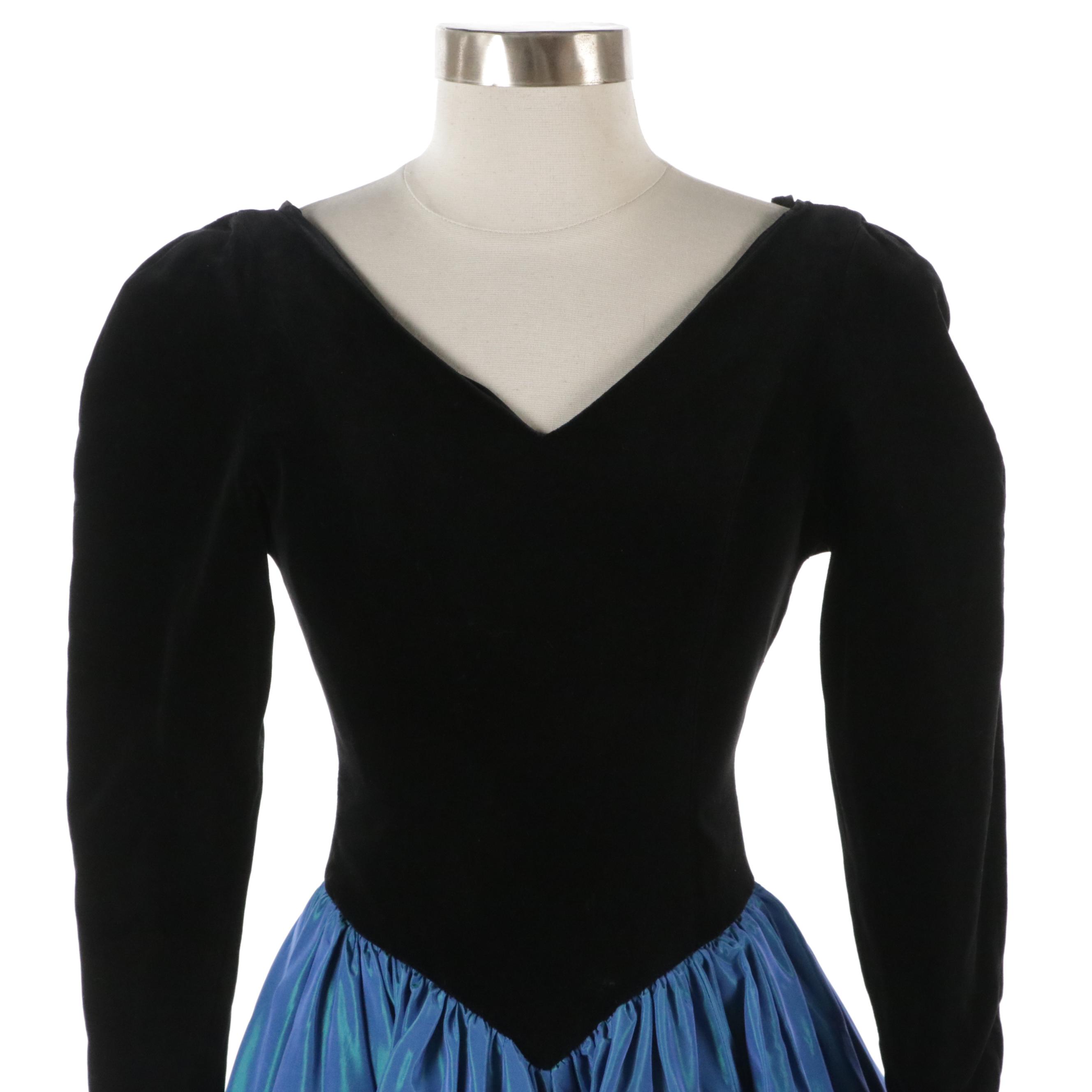 Laura Ashley Vintage Drop-Waist Holiday Party Dress in Velvet and Blue Taffeta