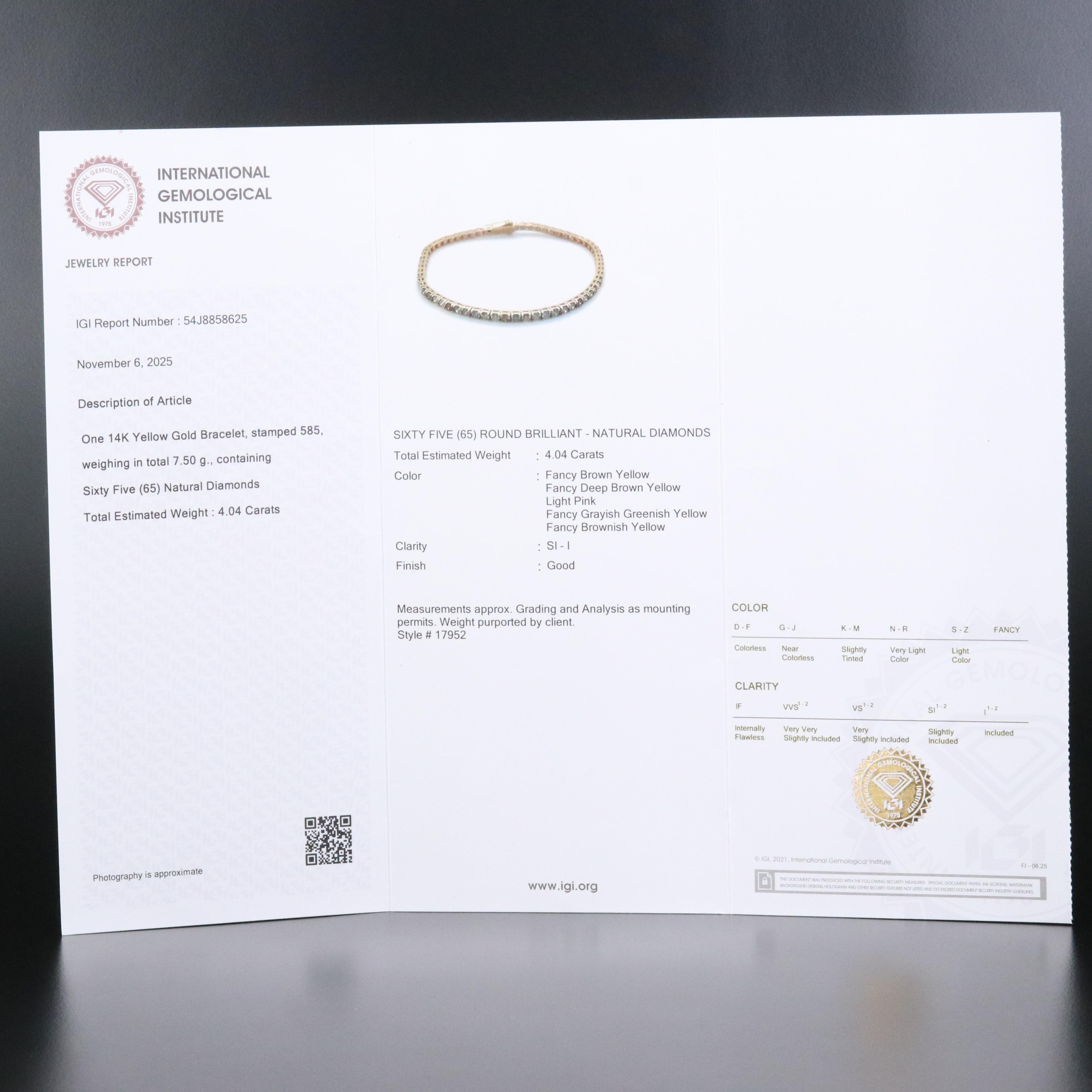 14K 4.04 CTW Fancy Diamond Line Bracelet with IGI Jewelry Report