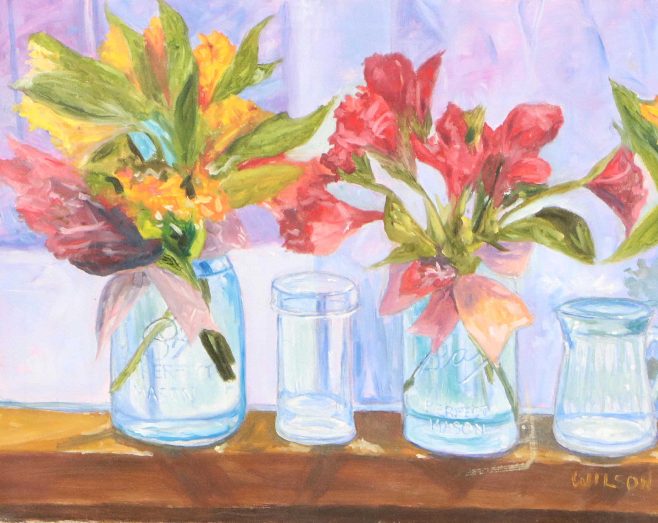Oil Painting of Mason Jar Bouquets, 21st Century