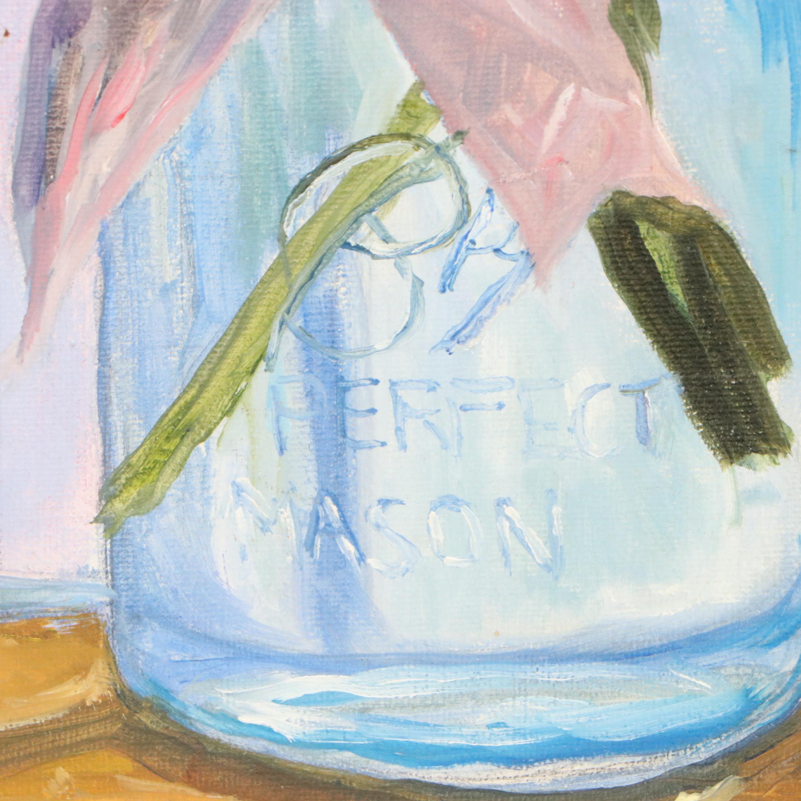 Oil Painting of Mason Jar Bouquets, 21st Century