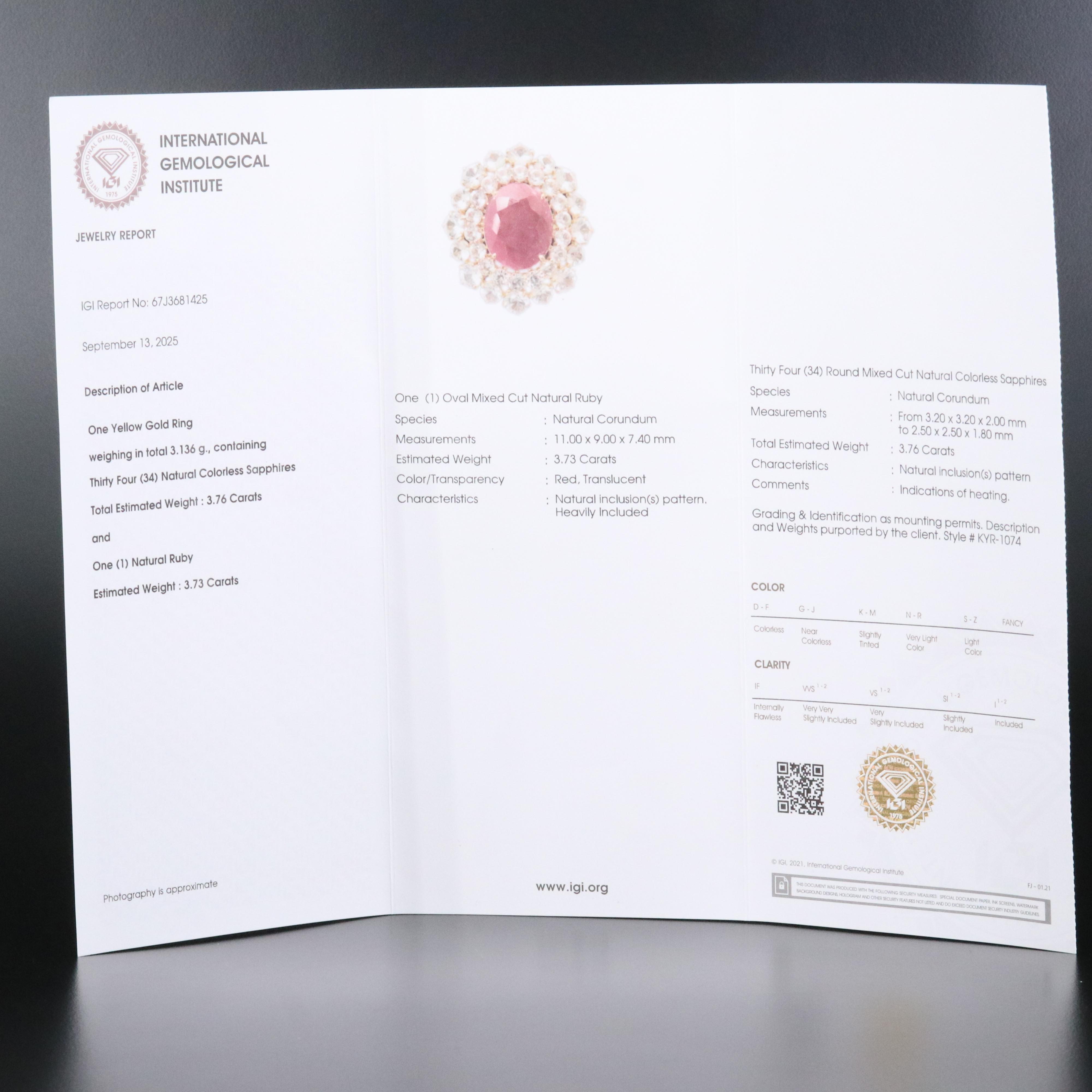 14K 3.73 CT Ruby and White Sapphire Ring with IGI Report