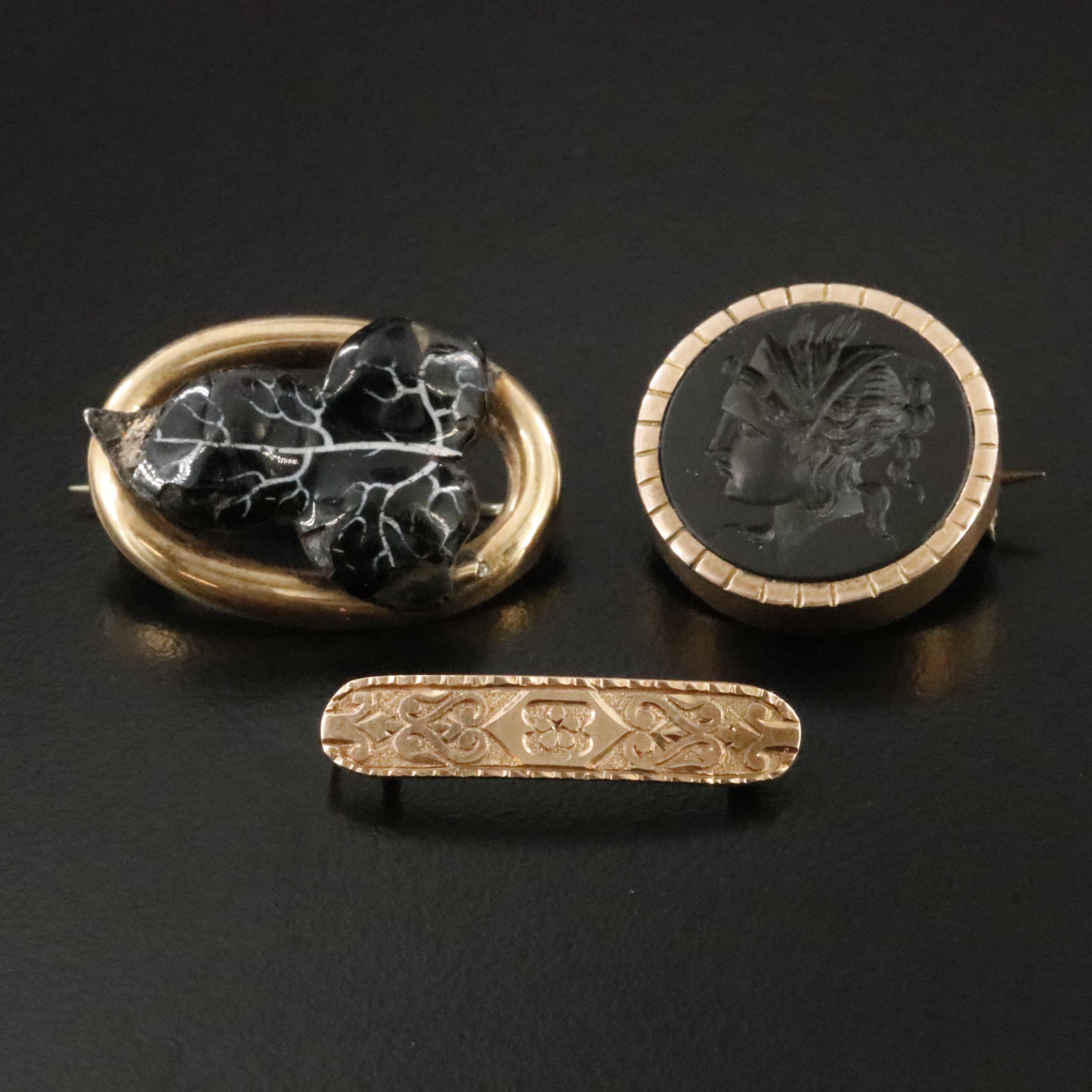 Victorian 10K Floral Bar, Enamel Leaf and Black Onyx Intaglio Pins