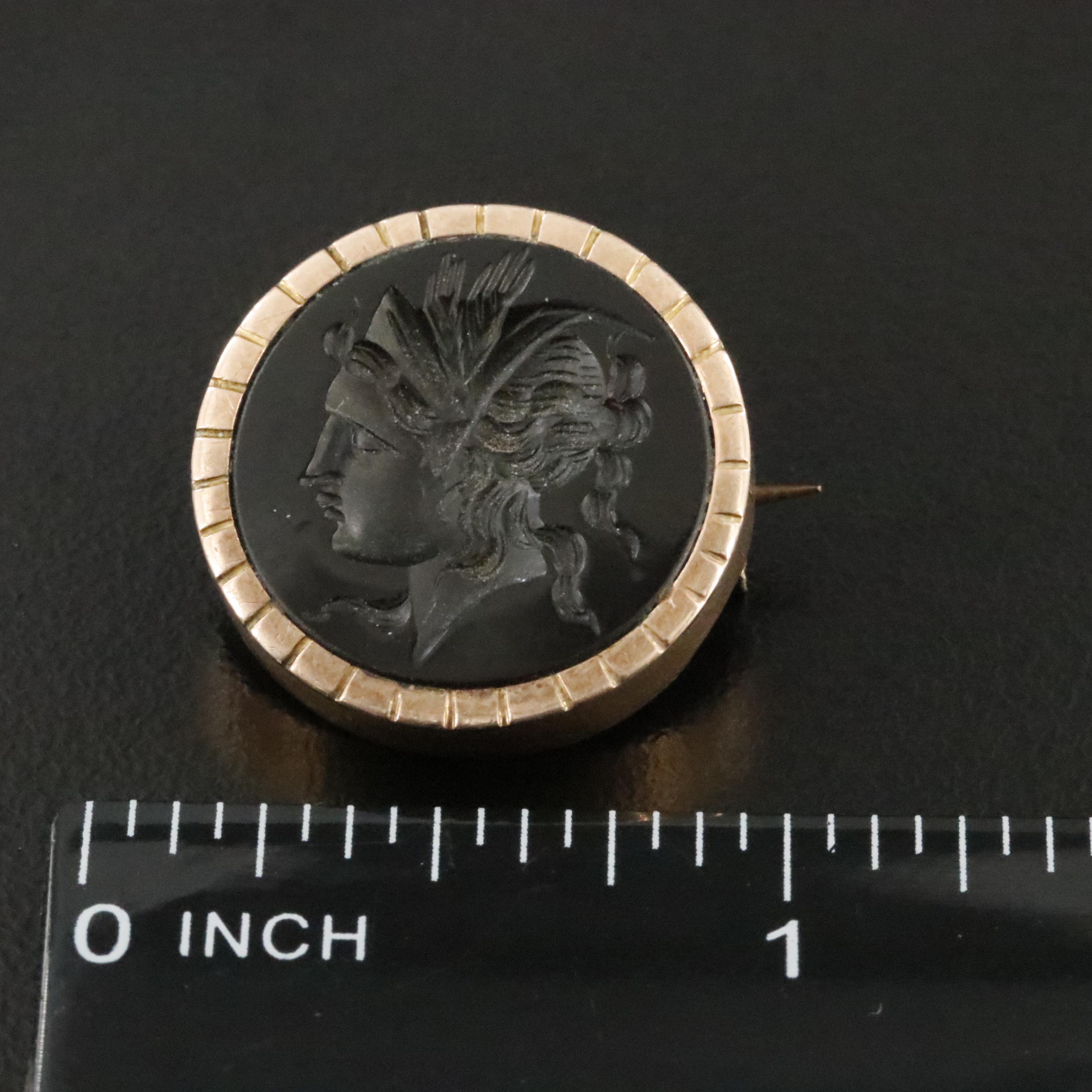 Victorian 10K Floral Bar, Enamel Leaf and Black Onyx Intaglio Pins