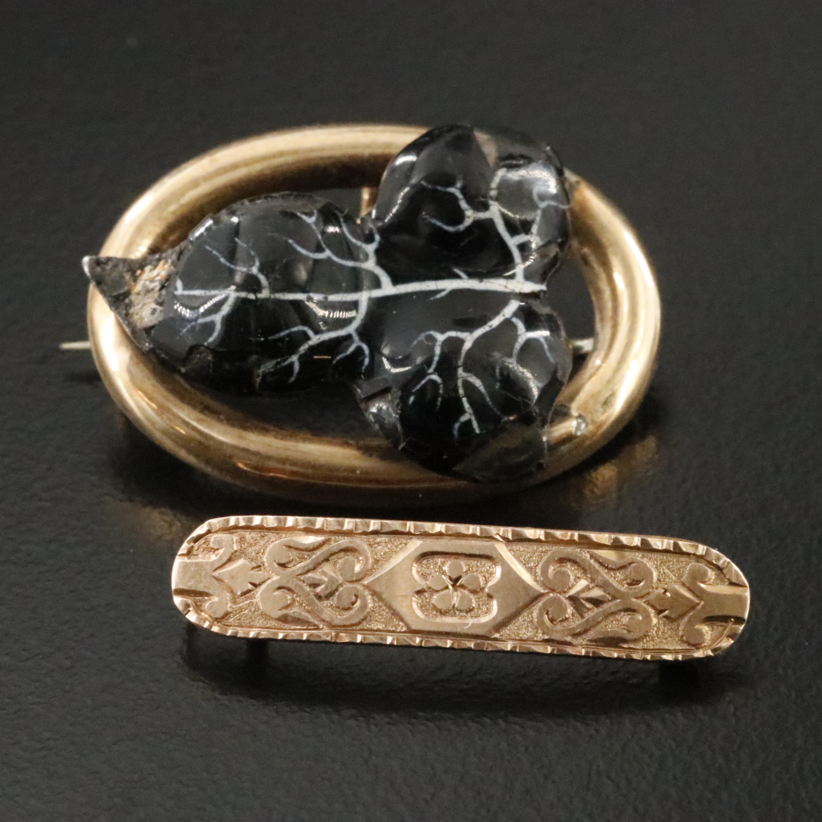 Victorian 10K Floral Bar, Enamel Leaf and Black Onyx Intaglio Pins