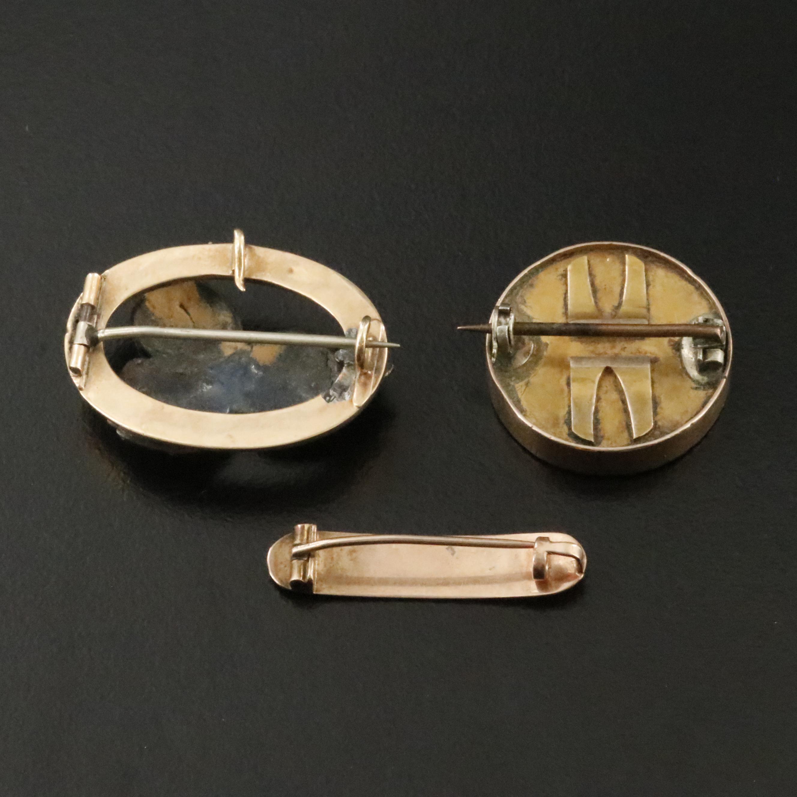 Victorian 10K Floral Bar, Enamel Leaf and Black Onyx Intaglio Pins