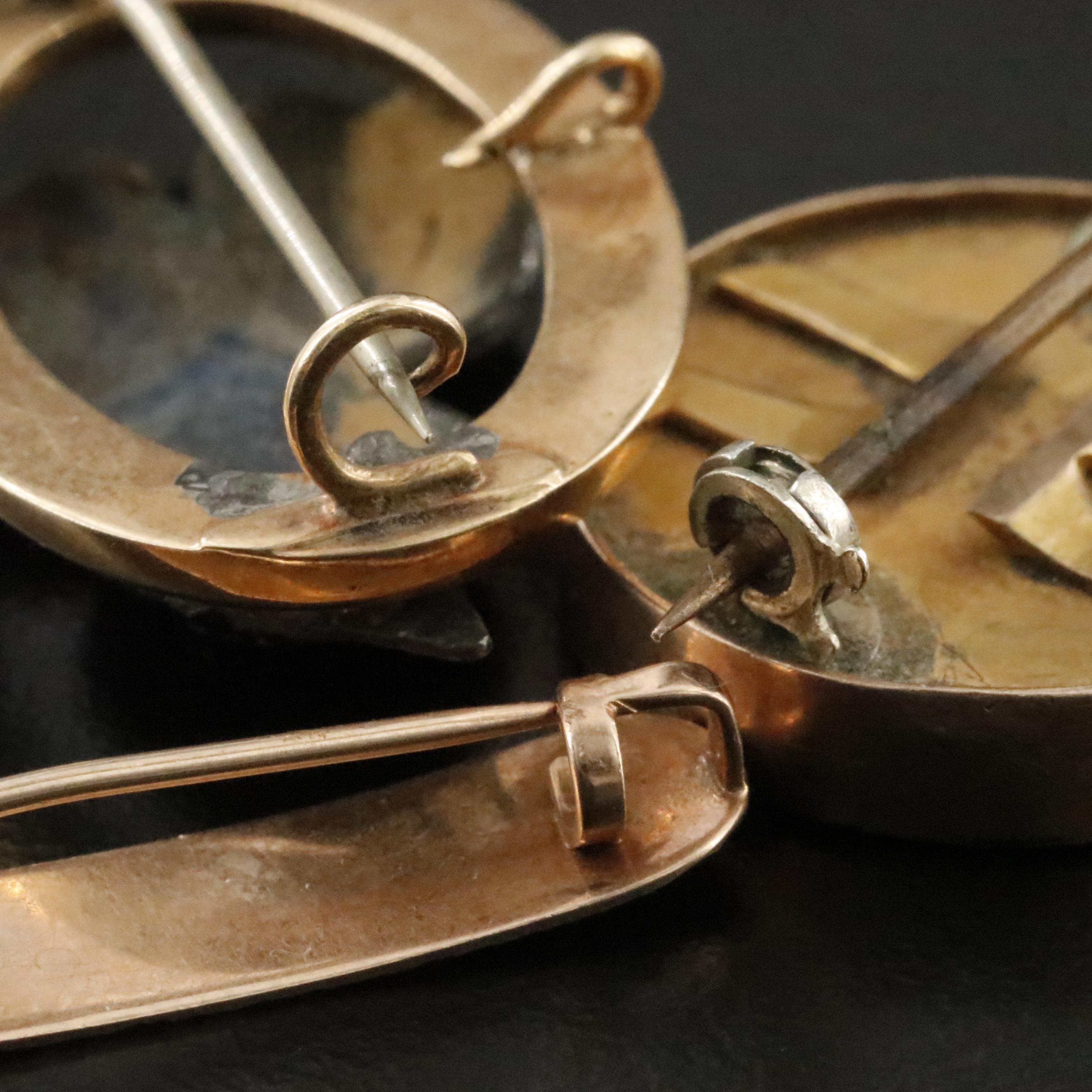 Victorian 10K Floral Bar, Enamel Leaf and Black Onyx Intaglio Pins