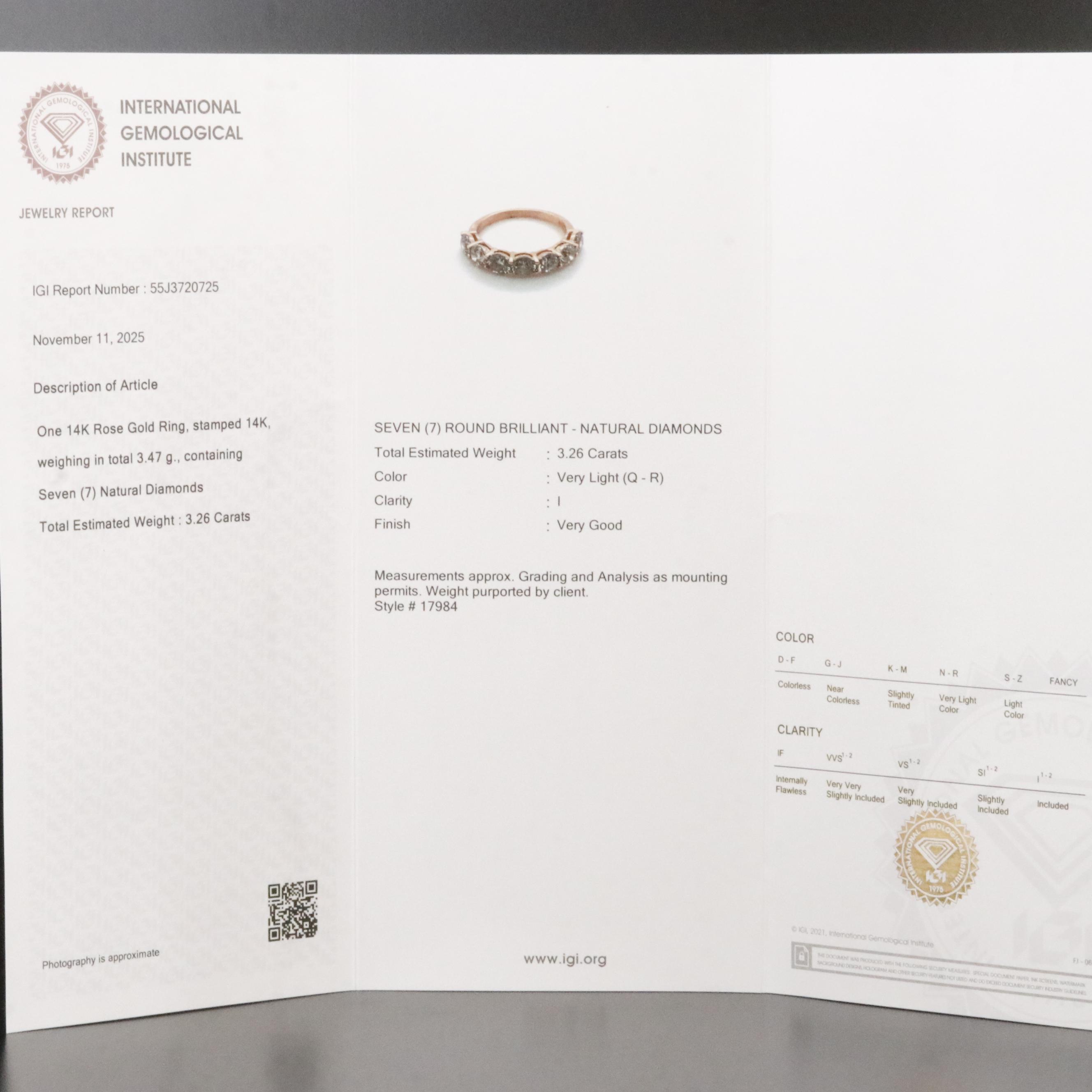 14K Rose Gold 3.26 CTW Diamond Ring with IGI Jewelry Report