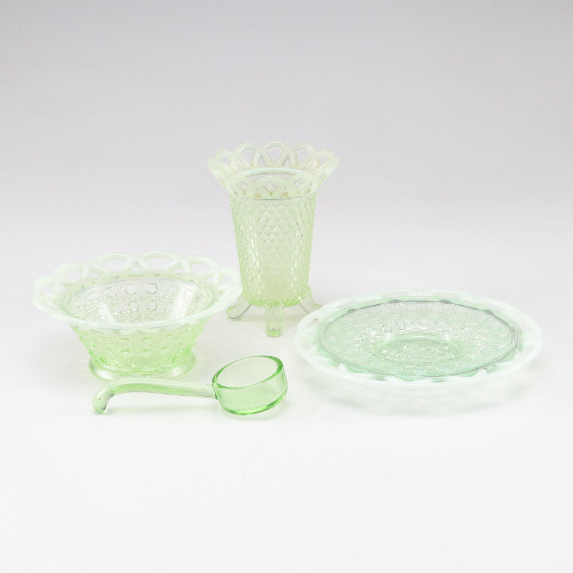 Open Lace Uranium Glass Vase, Decorative Bowl & More