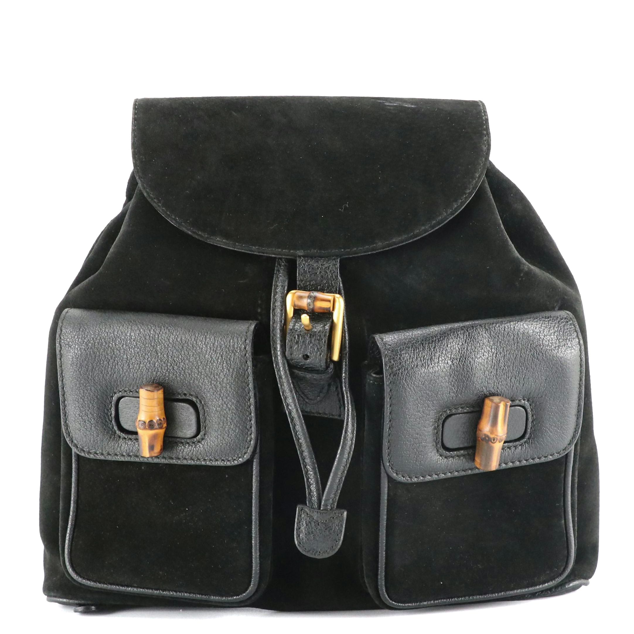 Gucci Bamboo Handle Double Pocket Backpack in Black Suede and Leather