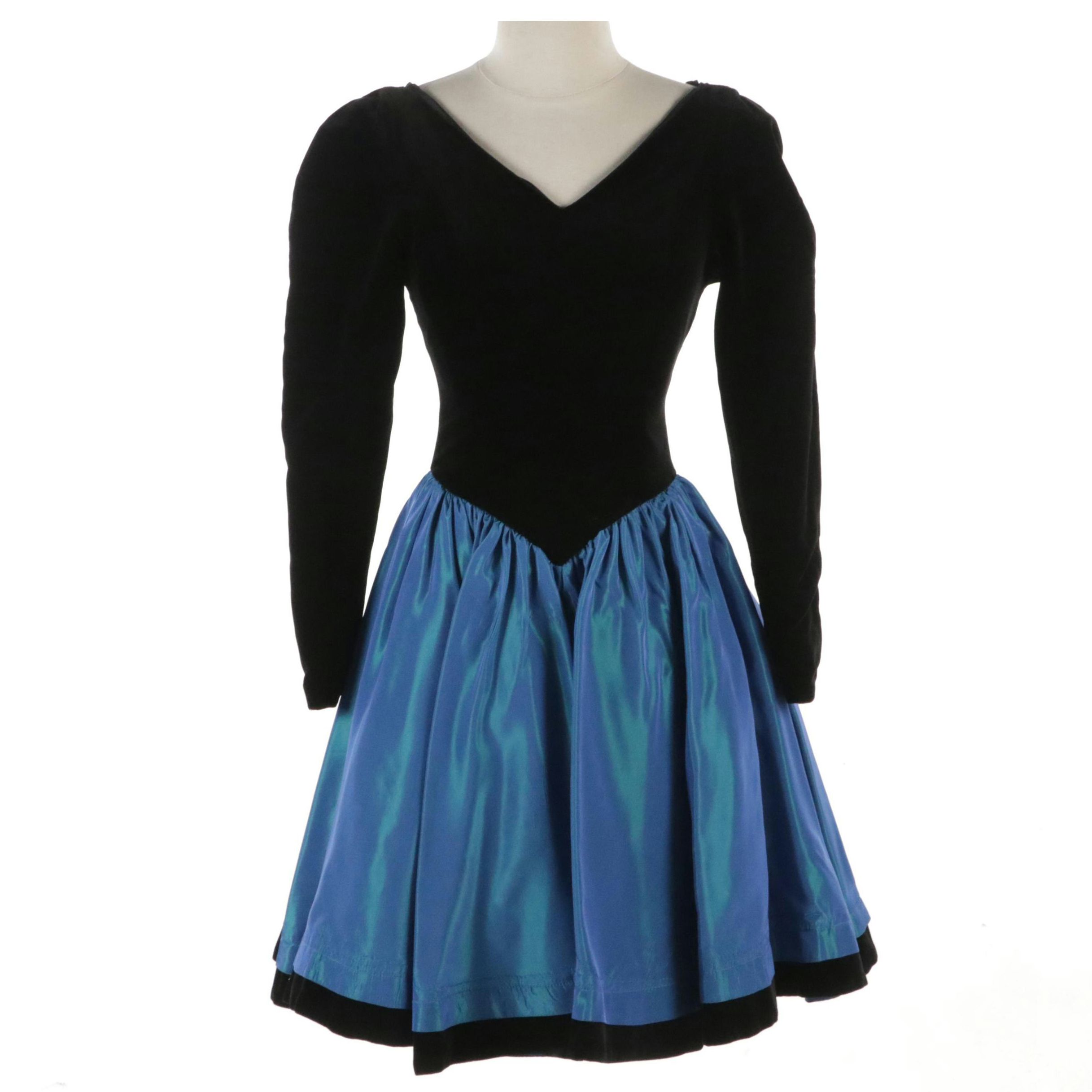 Laura Ashley Vintage Drop-Waist Holiday Party Dress in Velvet and Blue Taffeta