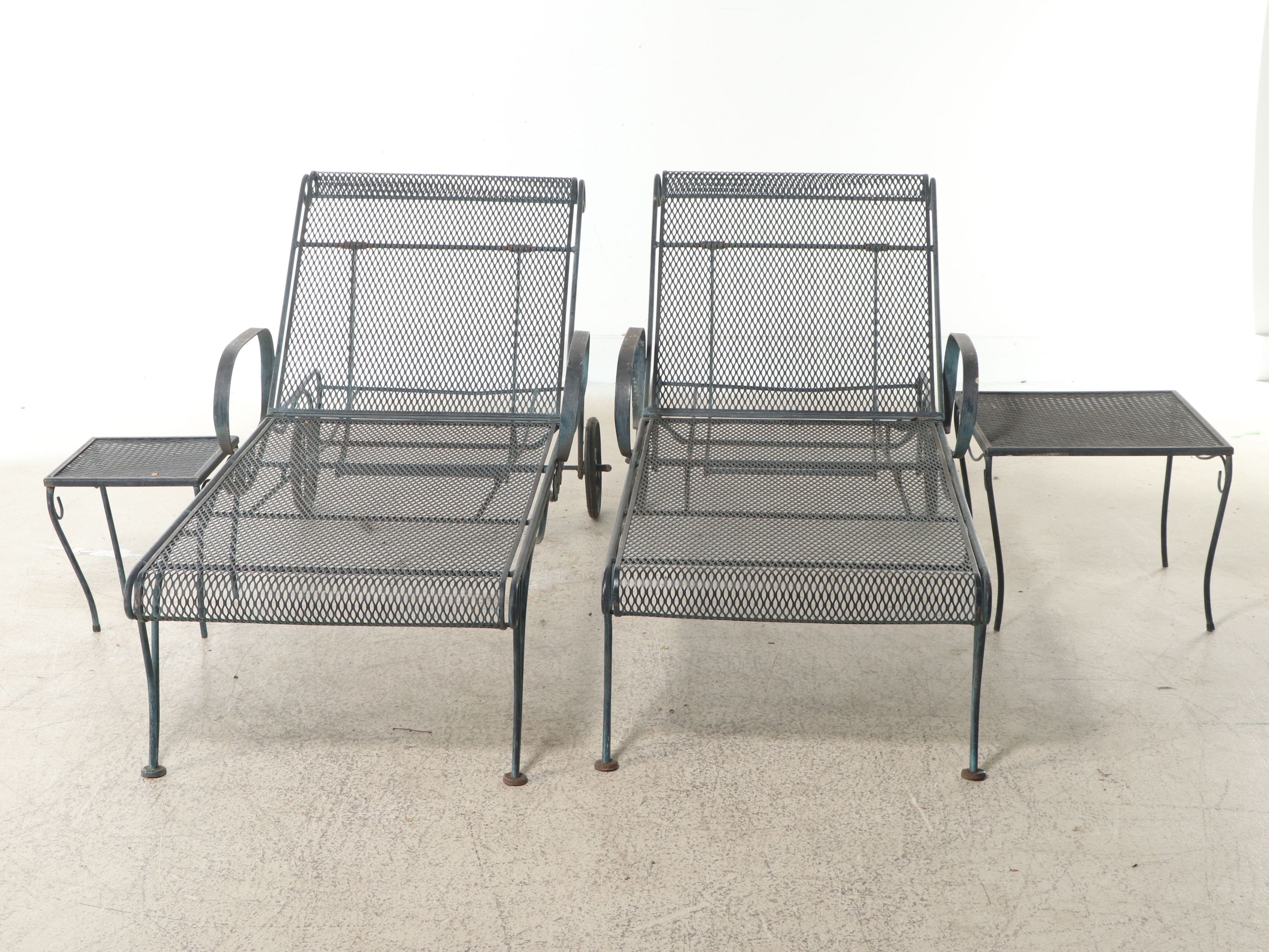 Pair of Wrought Iron Patio Chaise Lounges and Accent Tables