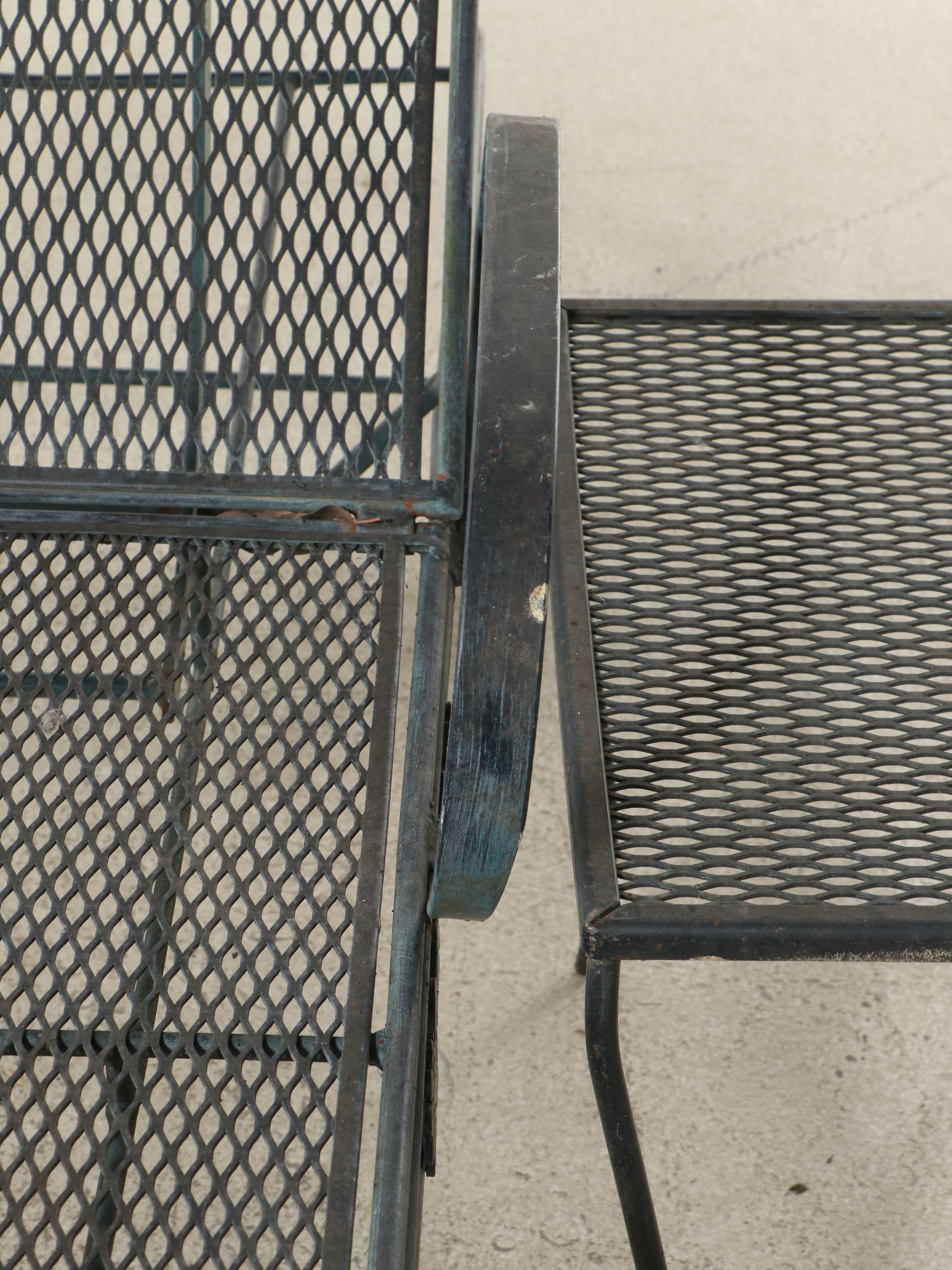 Pair of Wrought Iron Patio Chaise Lounges and Accent Tables