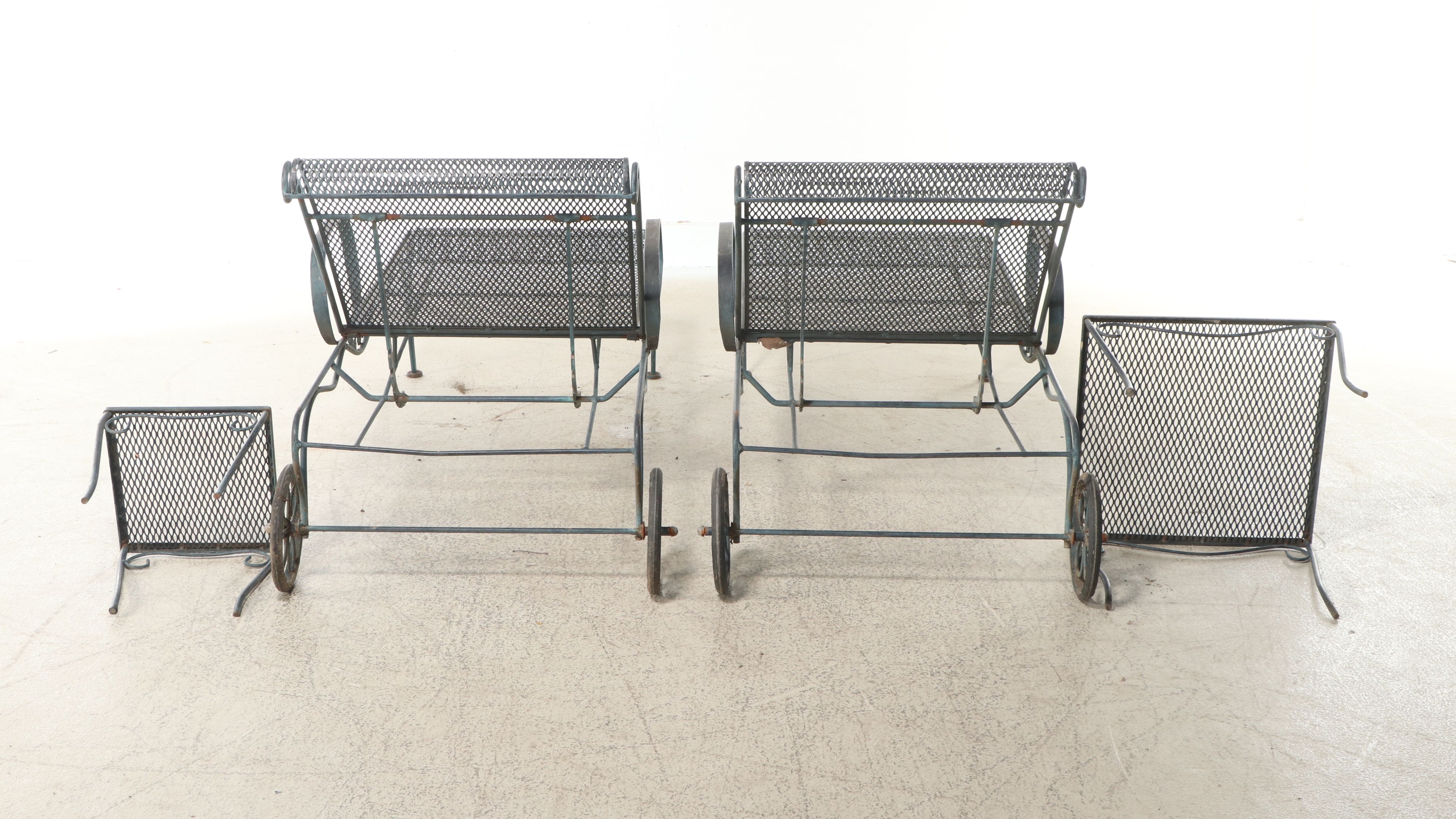 Pair of Wrought Iron Patio Chaise Lounges and Accent Tables