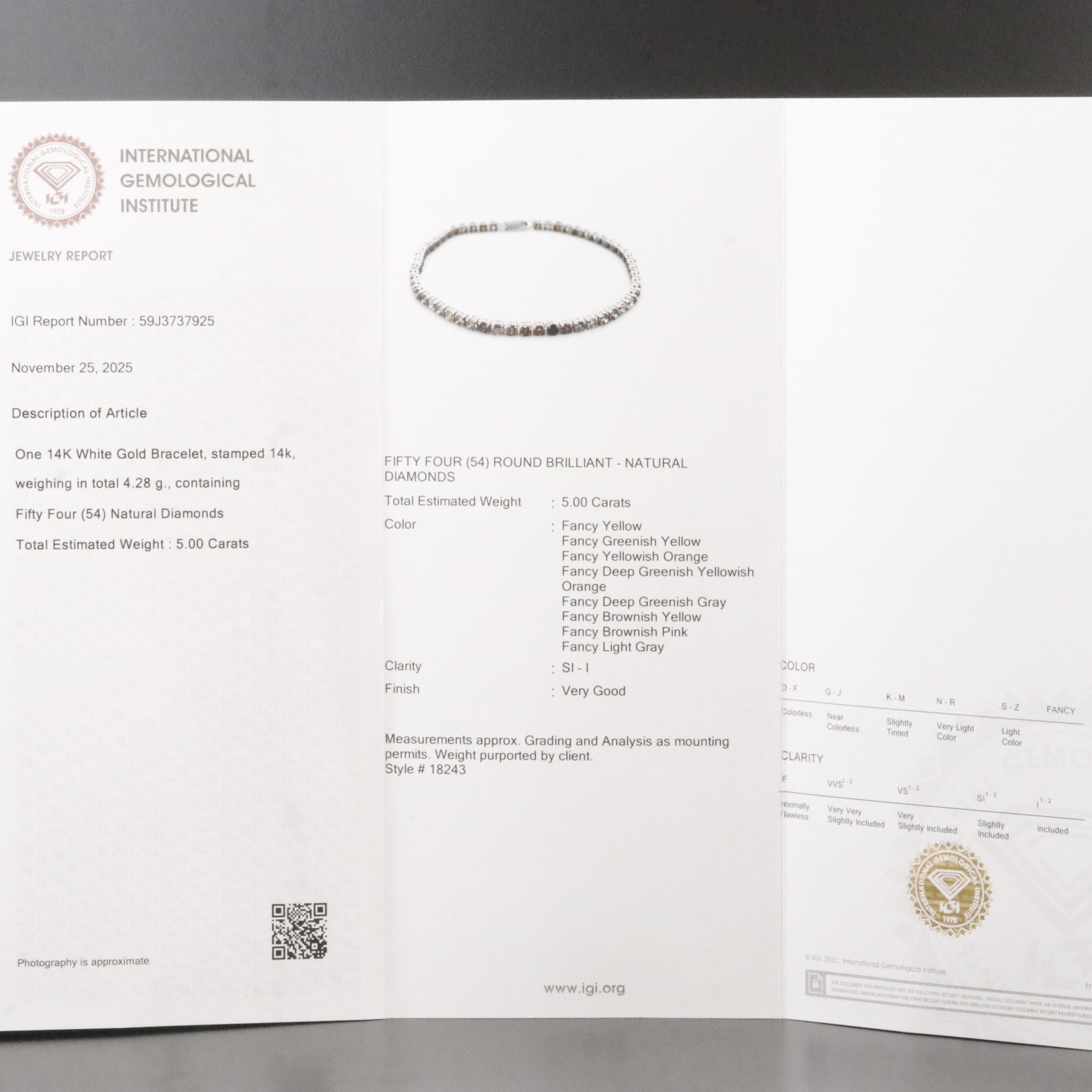 14K 5.00 CTW Fancy Diamond Bracelet with IGI Report
