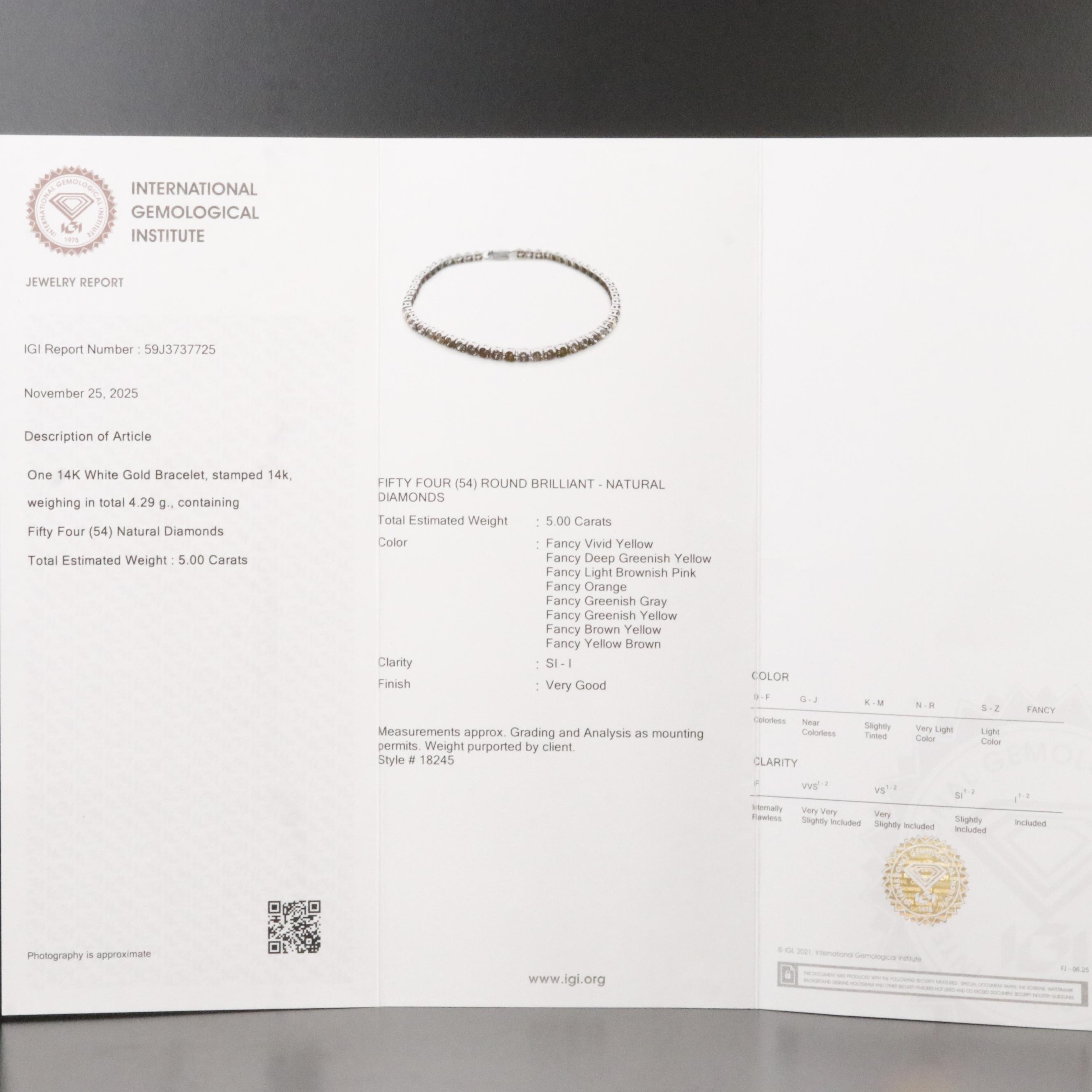 14K 5.00 CTW Fancy Diamond Line Bracelet with IGI Report