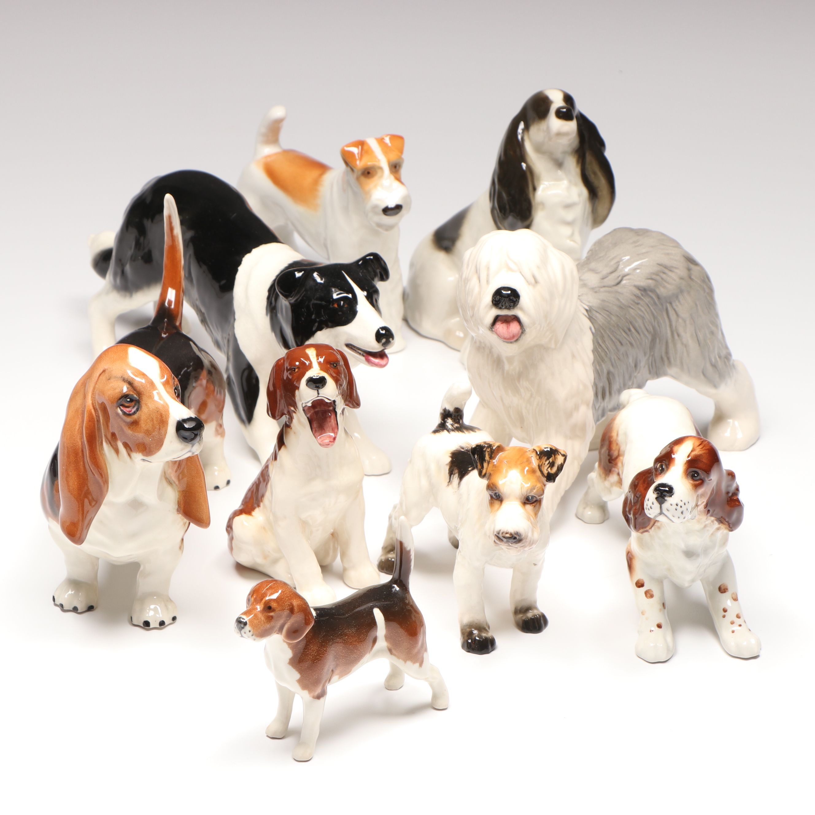 Beswick Sheepdog, Basset Hound, Spaniel with More Ceramic Dogs