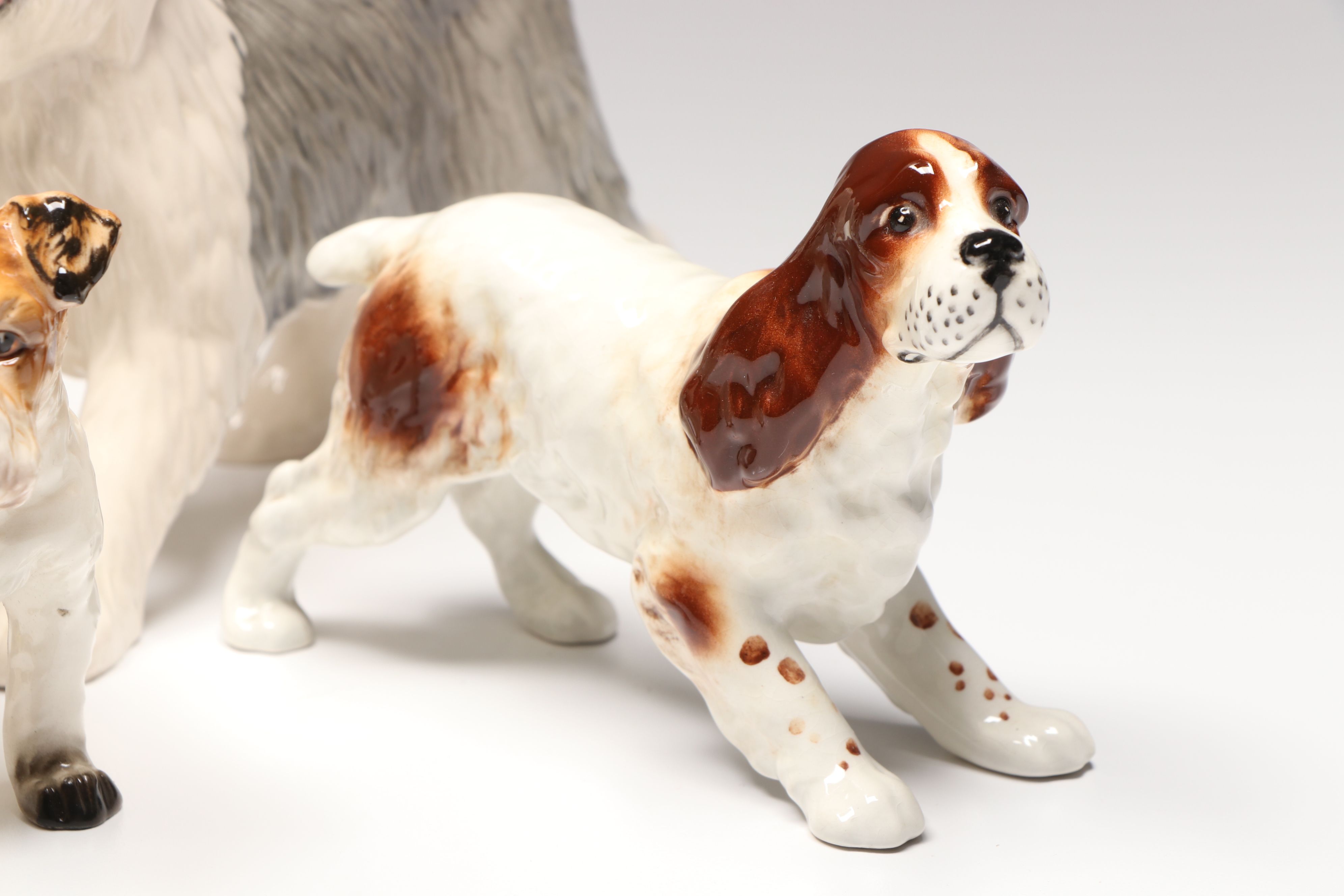 Beswick Sheepdog, Basset Hound, Spaniel with More Ceramic Dogs