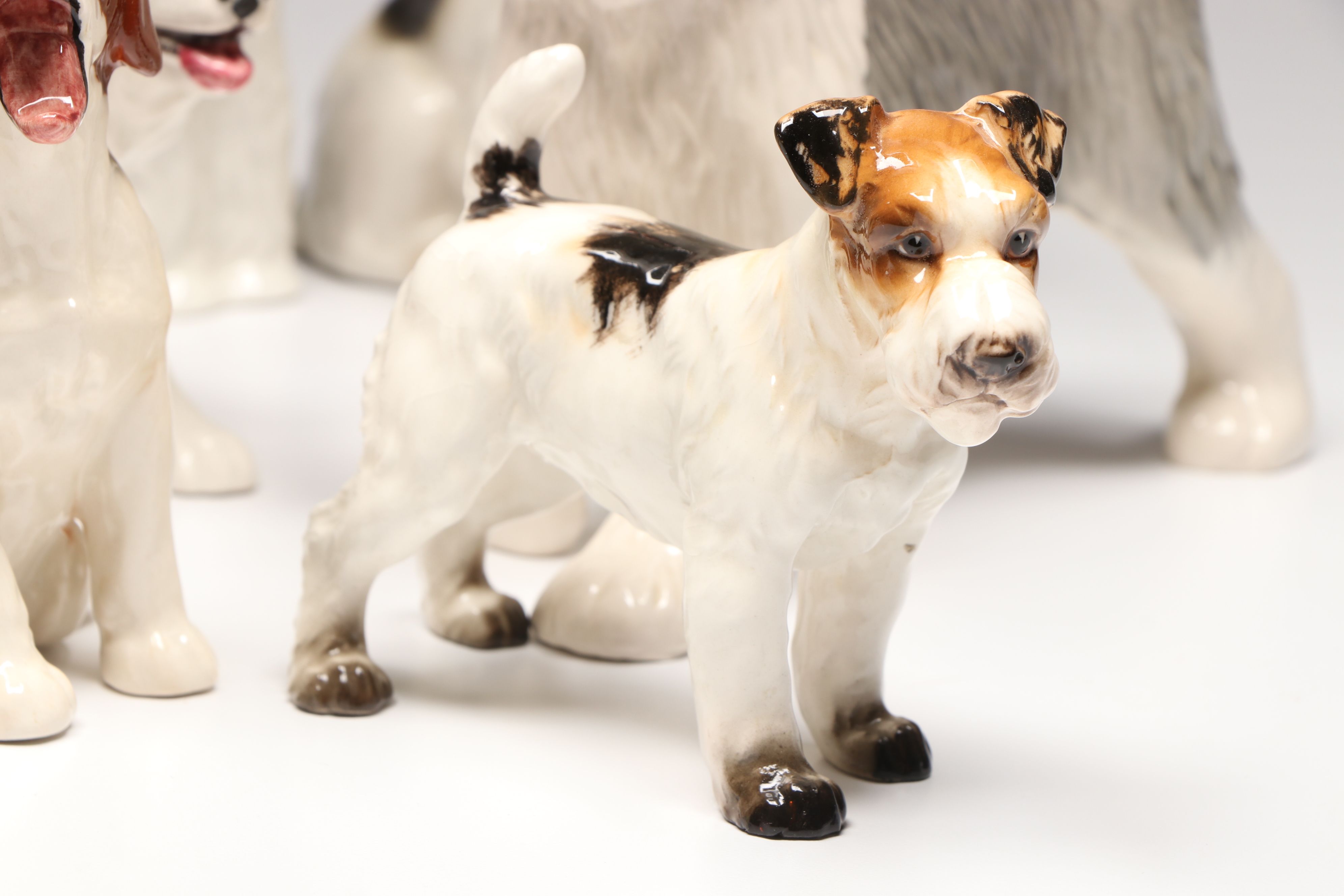 Beswick Sheepdog, Basset Hound, Spaniel with More Ceramic Dogs
