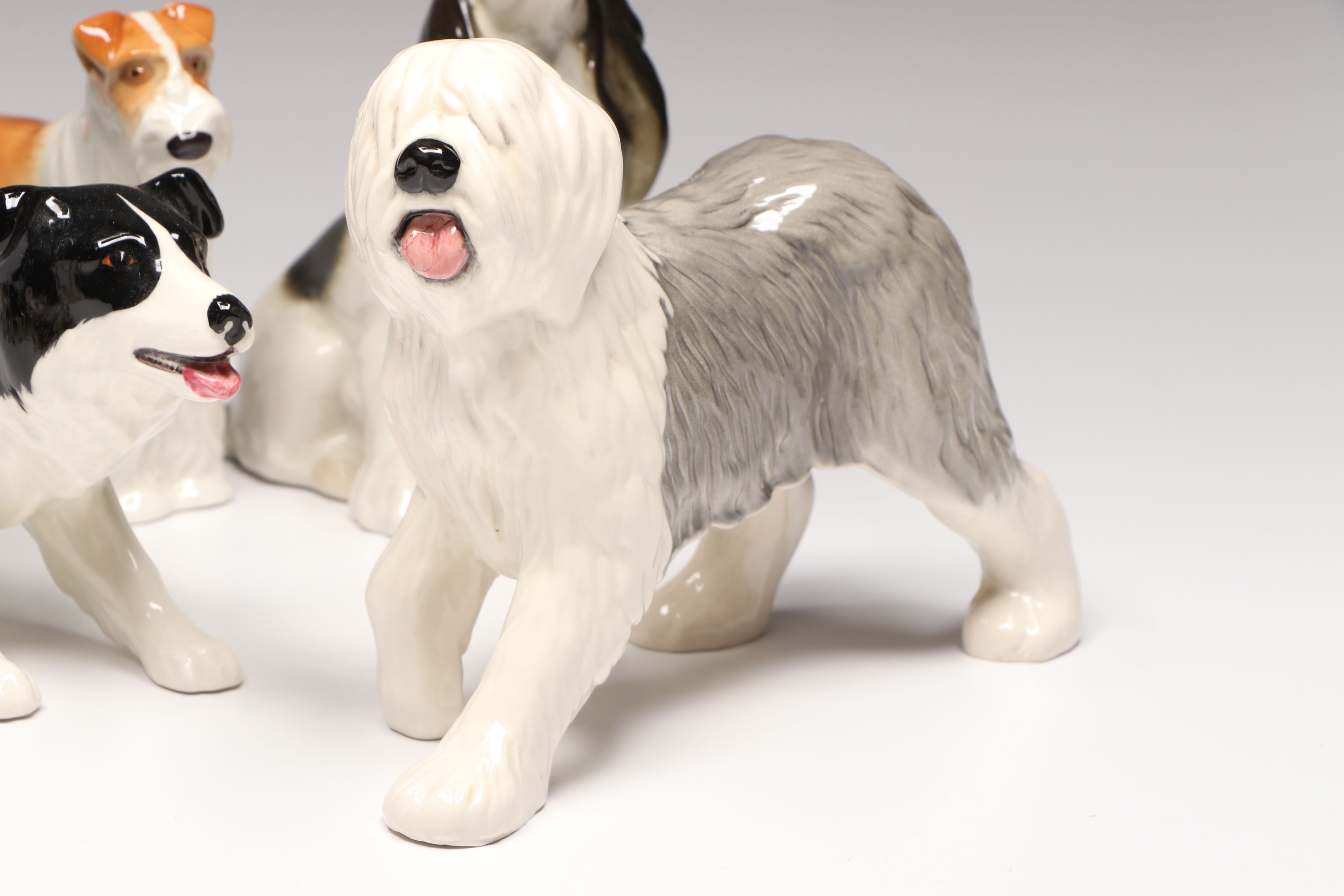 Beswick Sheepdog, Basset Hound, Spaniel with More Ceramic Dogs