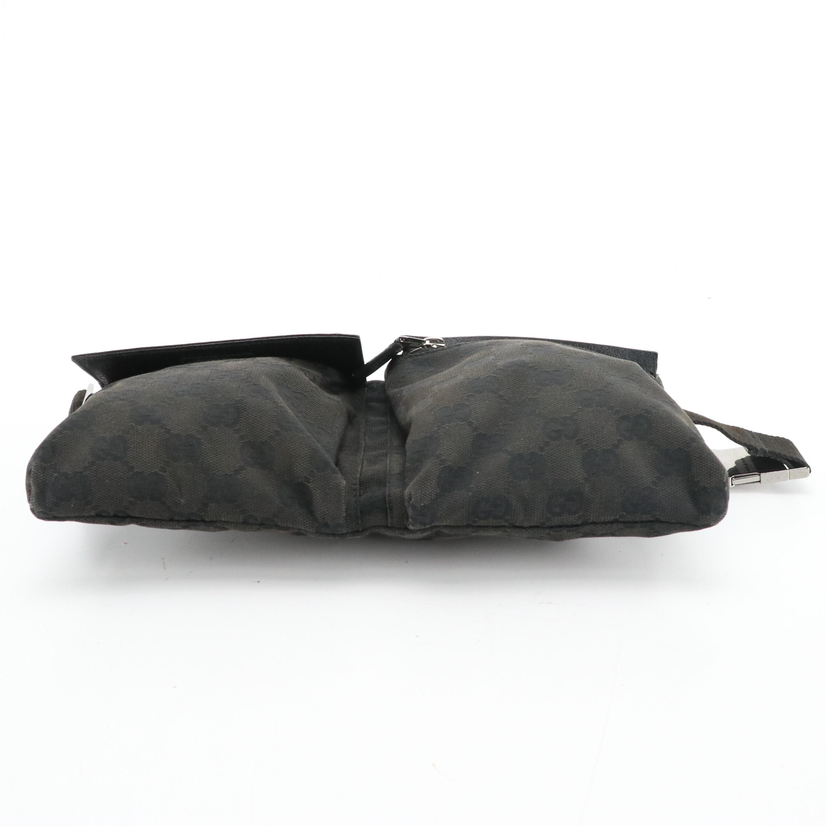 Gucci Double Pocket Belt Bag in Black GG Canvas and Black Leather