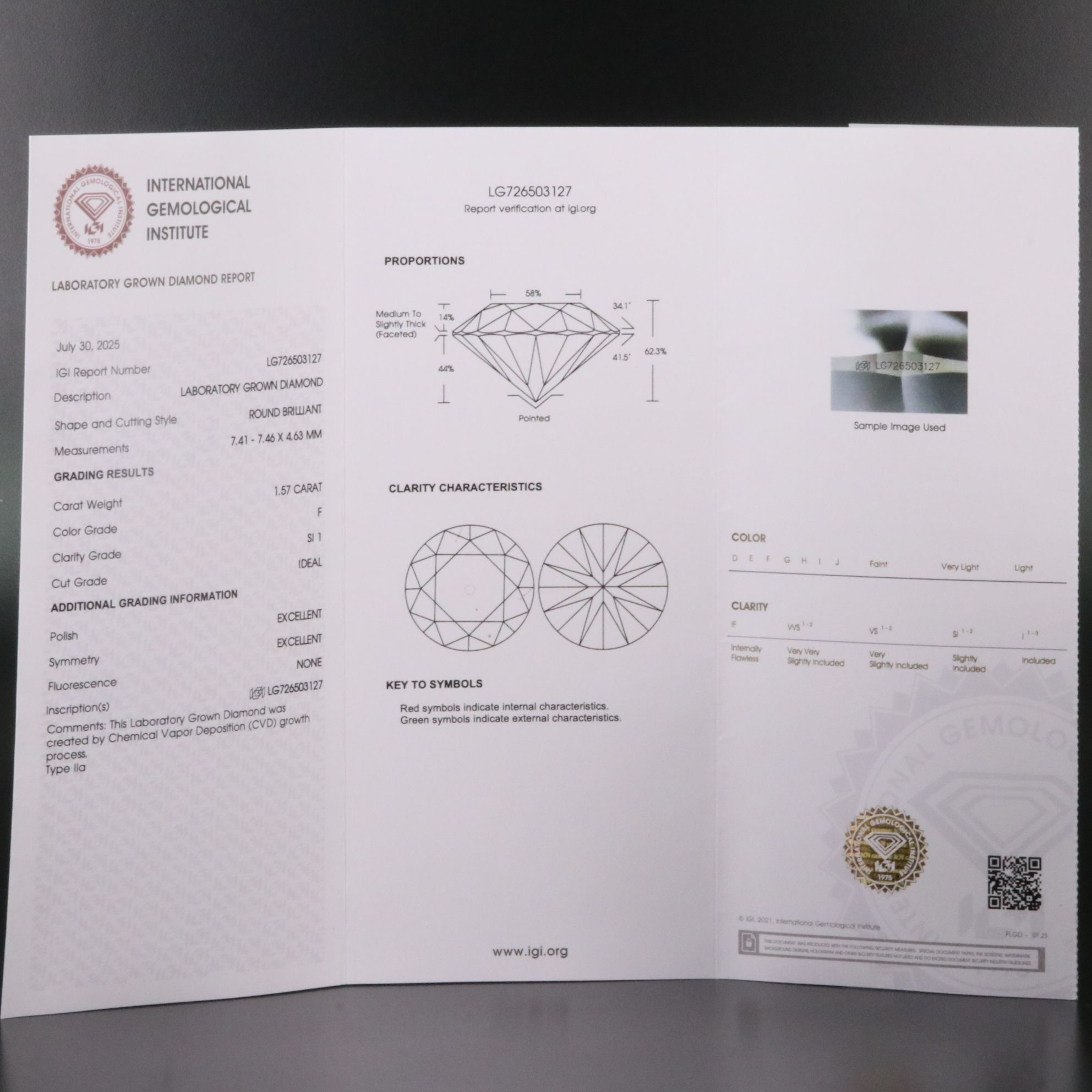 Loose 1.57 CT Lab Grown Diamond with IGI Report