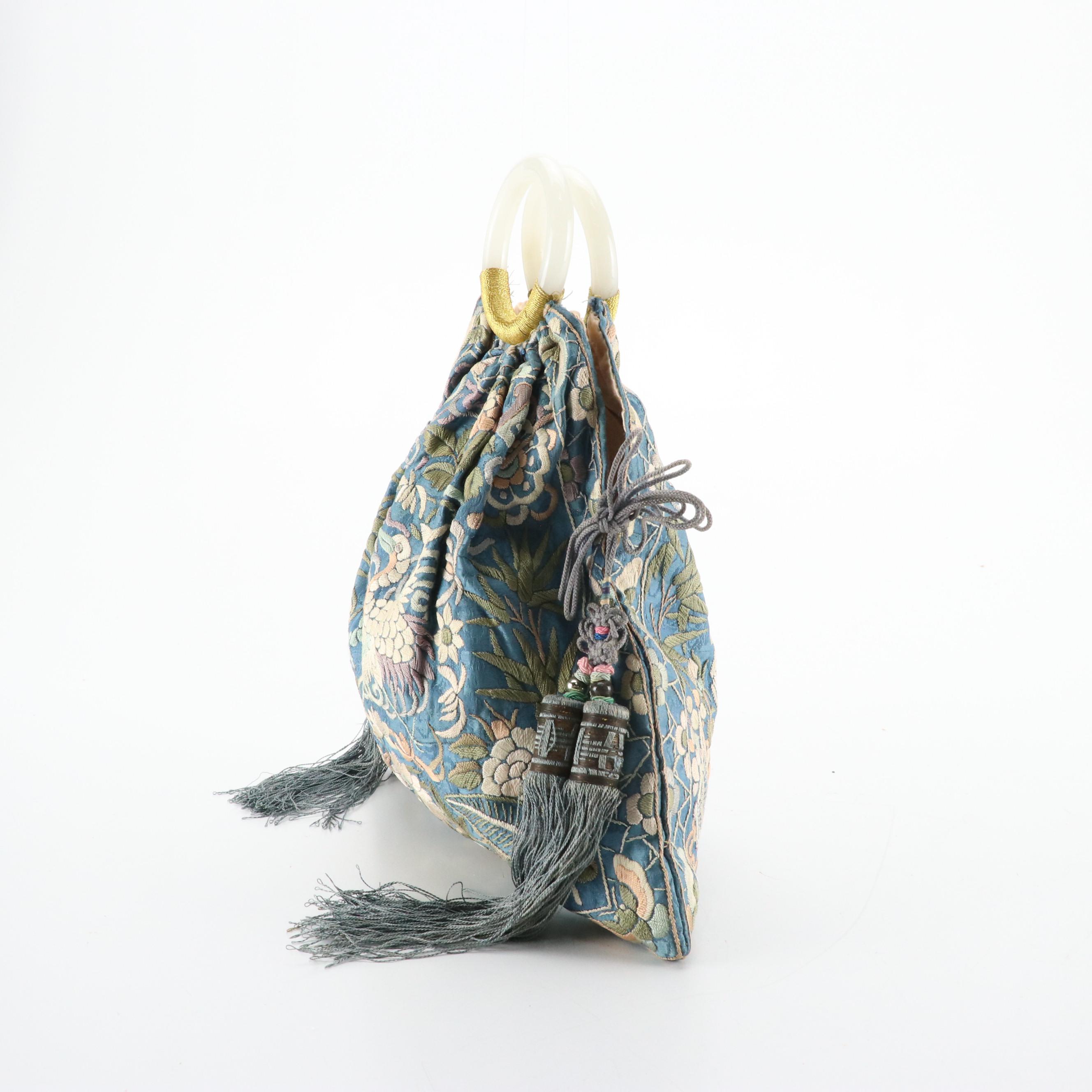 Chinese Embroidered Rank Badge Purse with Peking Glass Handles, Early 20th C.