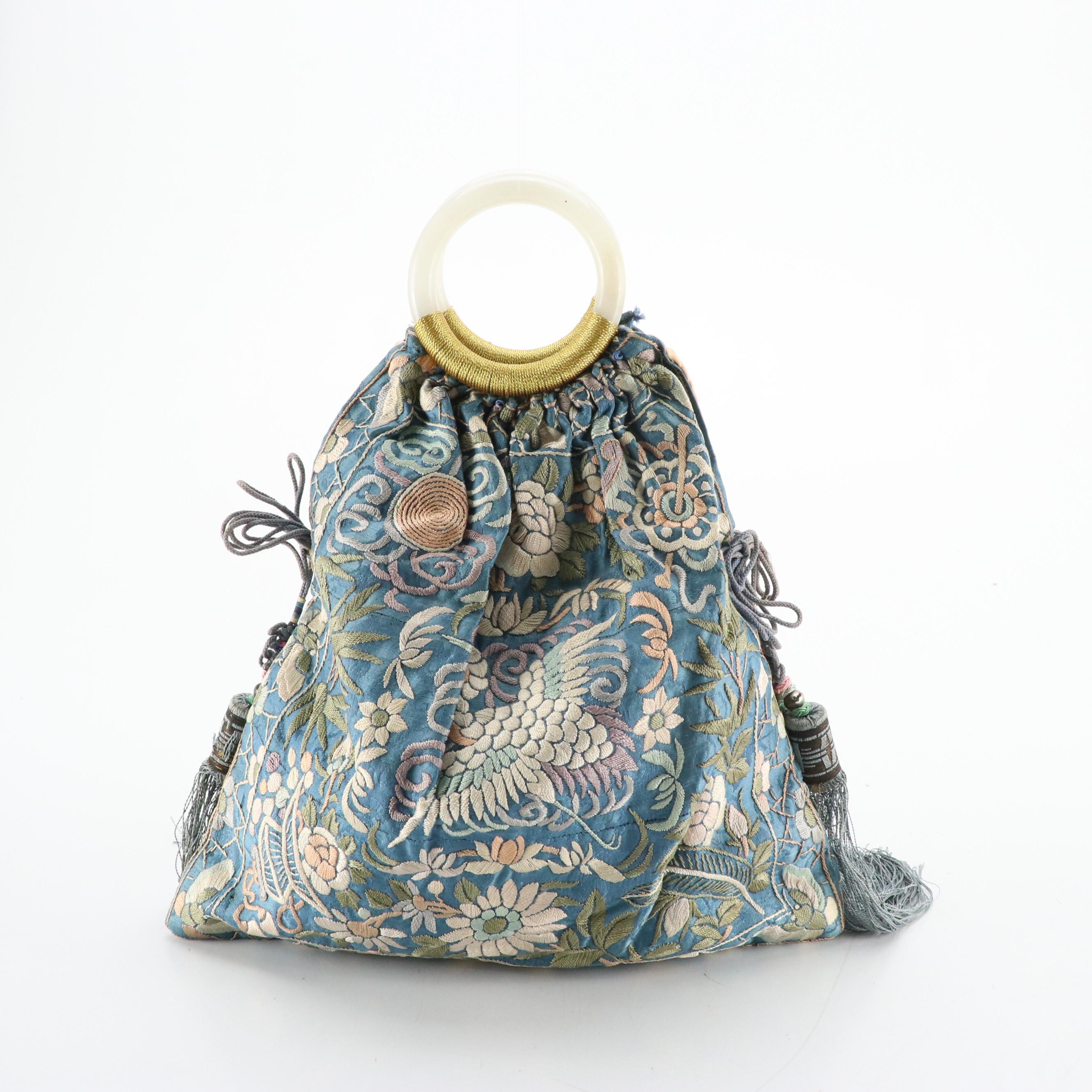 Chinese Embroidered Rank Badge Purse with Peking Glass Handles, Early 20th C.