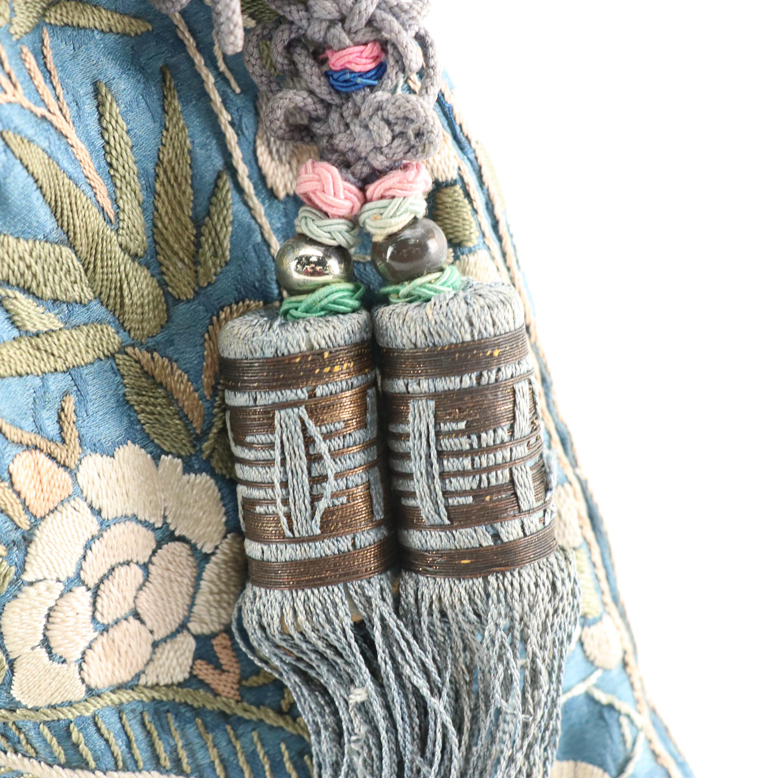 Chinese Embroidered Rank Badge Purse with Peking Glass Handles, Early 20th C.