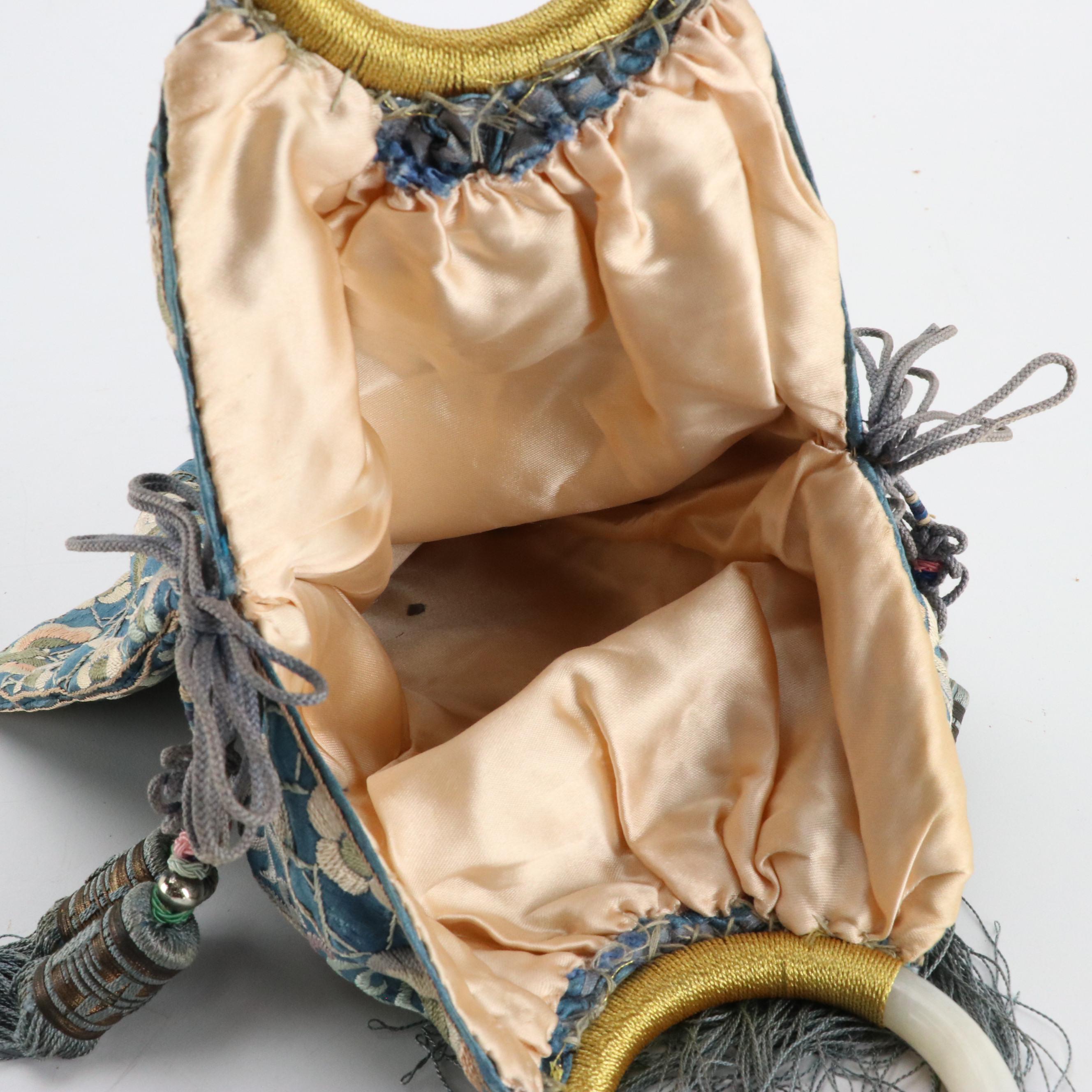 Chinese Embroidered Rank Badge Purse with Peking Glass Handles, Early 20th C.