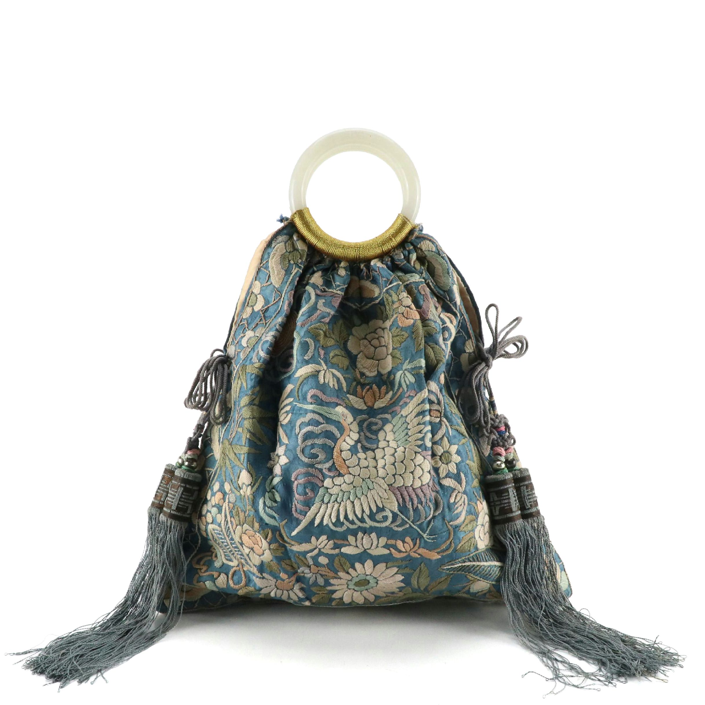 Chinese Embroidered Rank Badge Purse with Peking Glass Handles, Early 20th C.