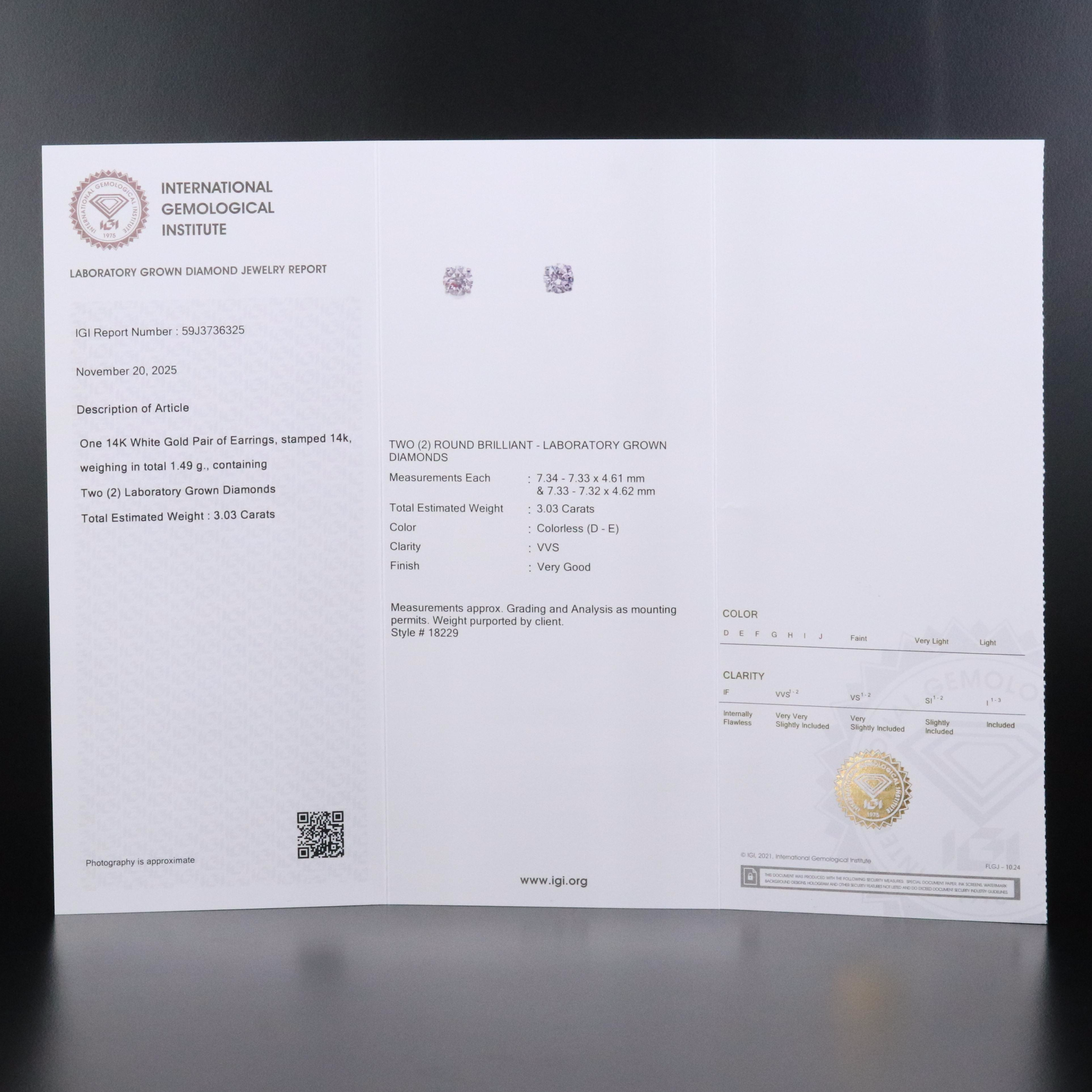 14K 3.03 CTW Lab Grown Diamond Solitaire Earrings with IGI Jewelry Report