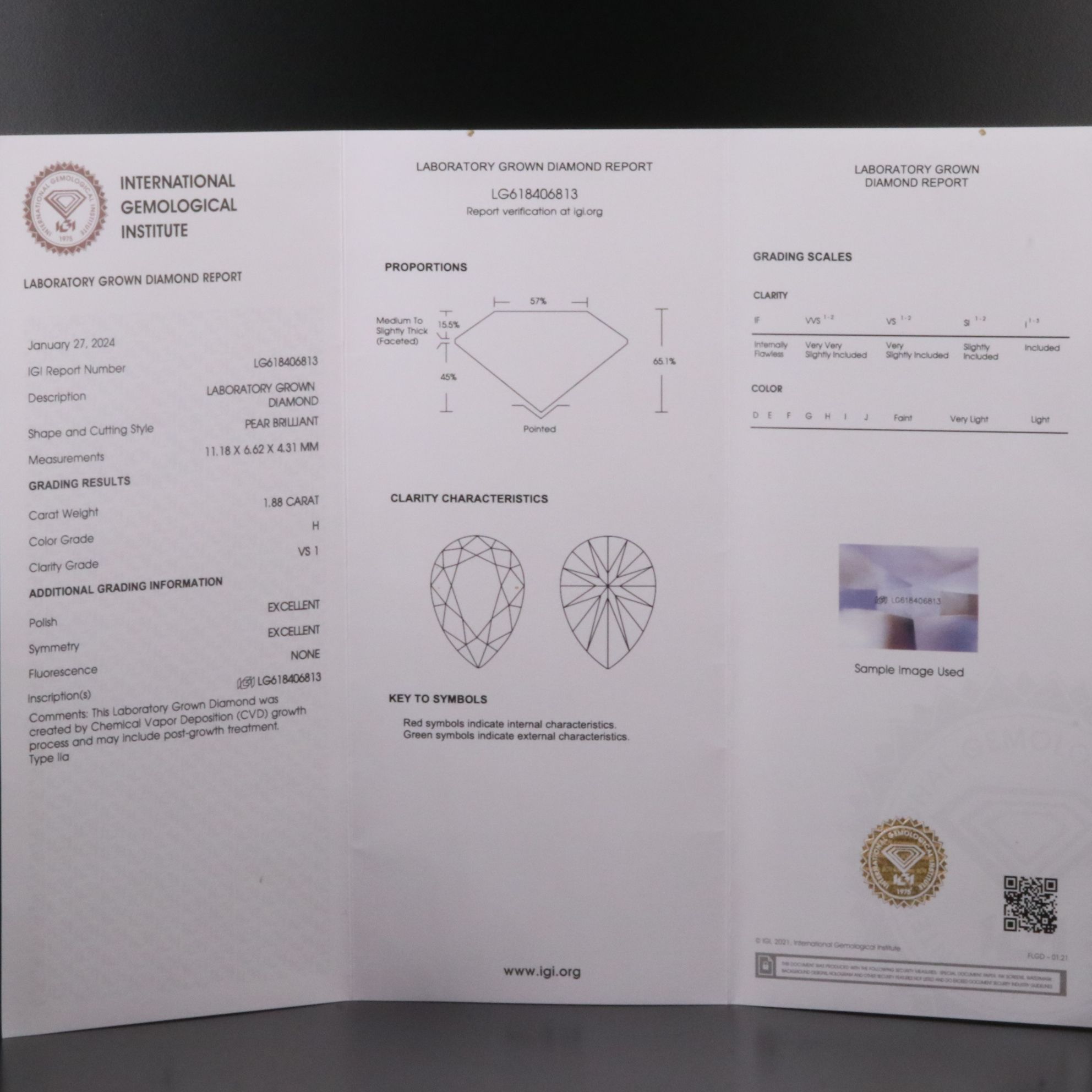 Loose 1.88 CT Lab Grown Diamond with IGI Report