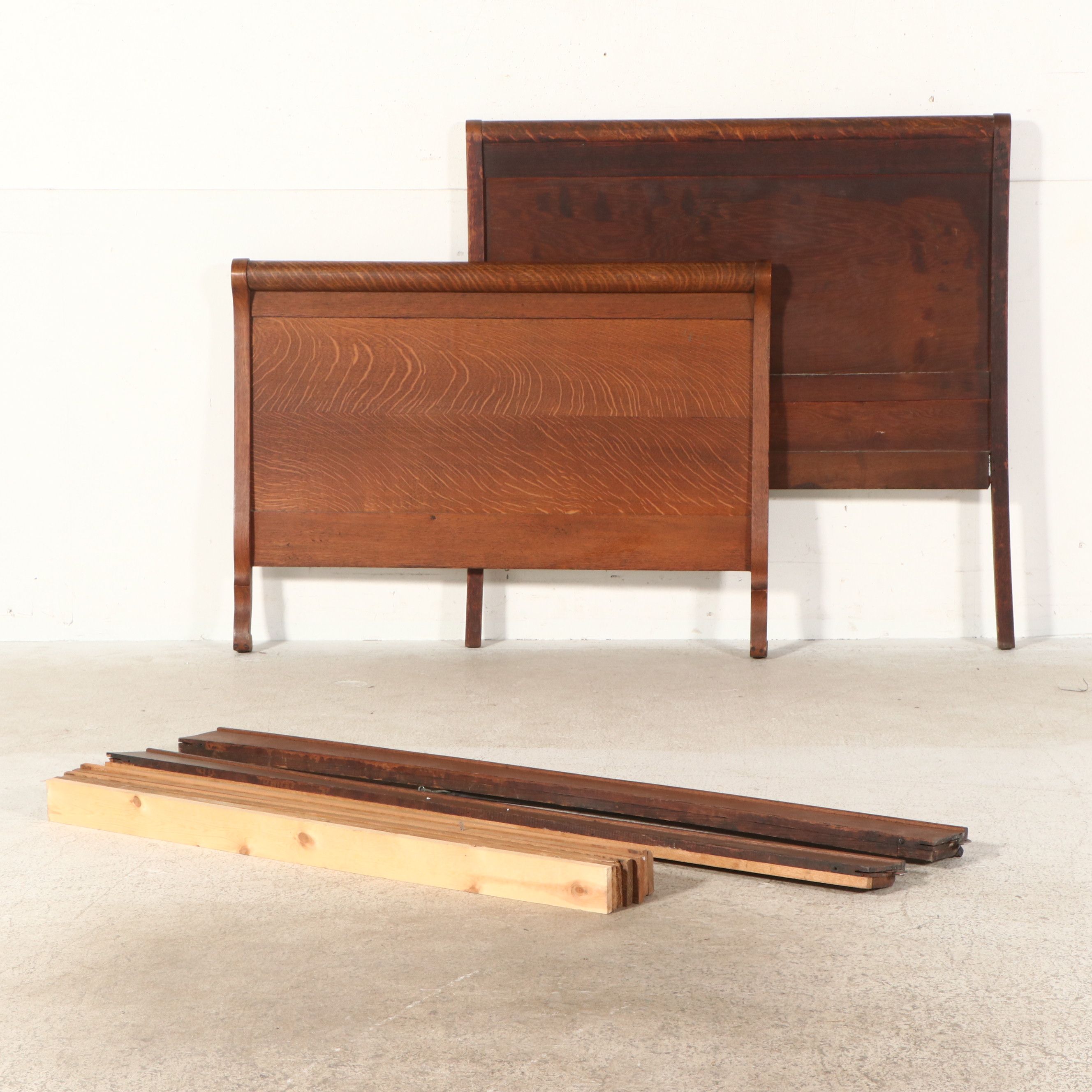 Edwardian Oak Full Size Sleigh Bed Frame, Early 20th Century