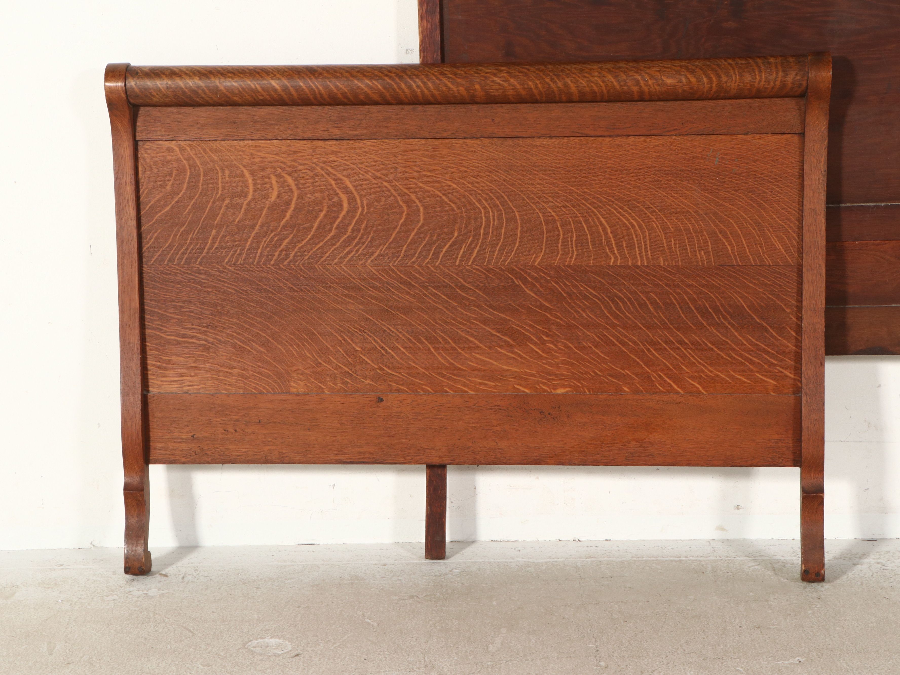 Edwardian Oak Full Size Sleigh Bed Frame, Early 20th Century
