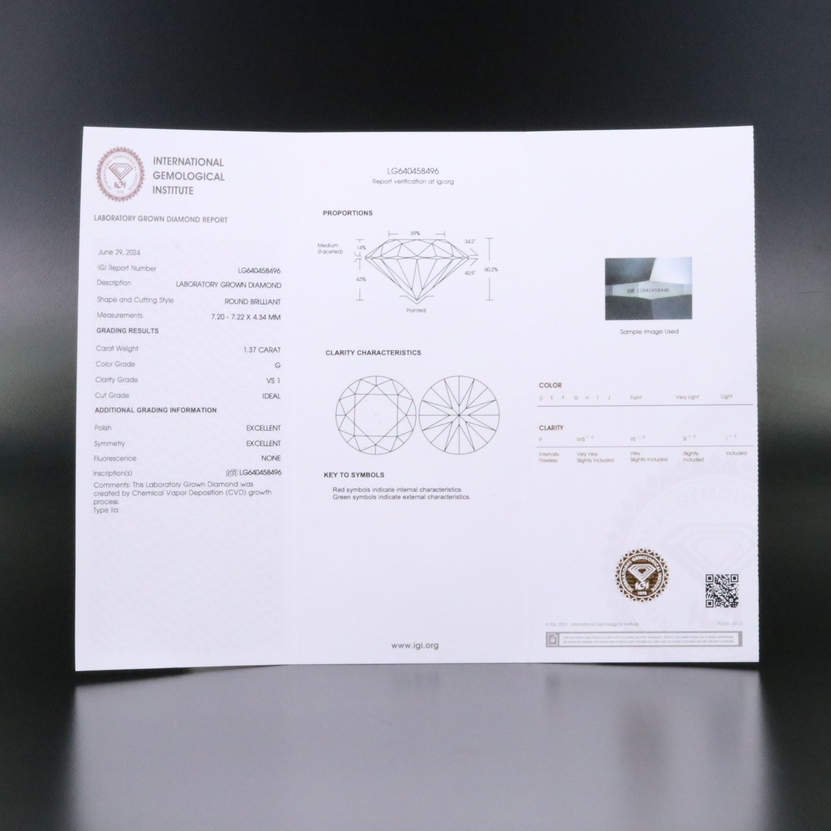 Loose 1.37 CT Lab Grown Diamond with IGI Report