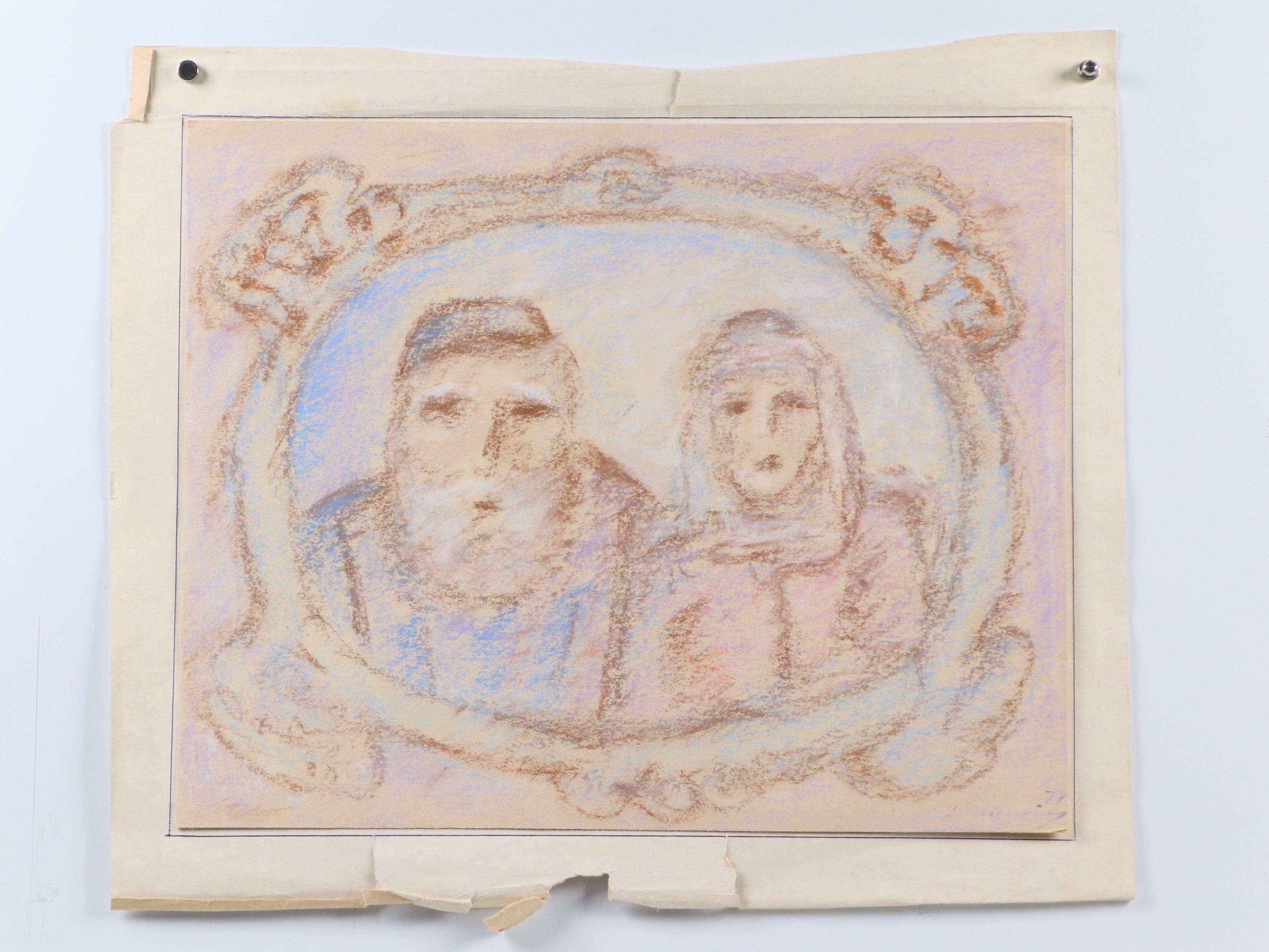 Anatoli Kaplan Oil Pastel Drawings of Portrait and Floral Still Life, 1977