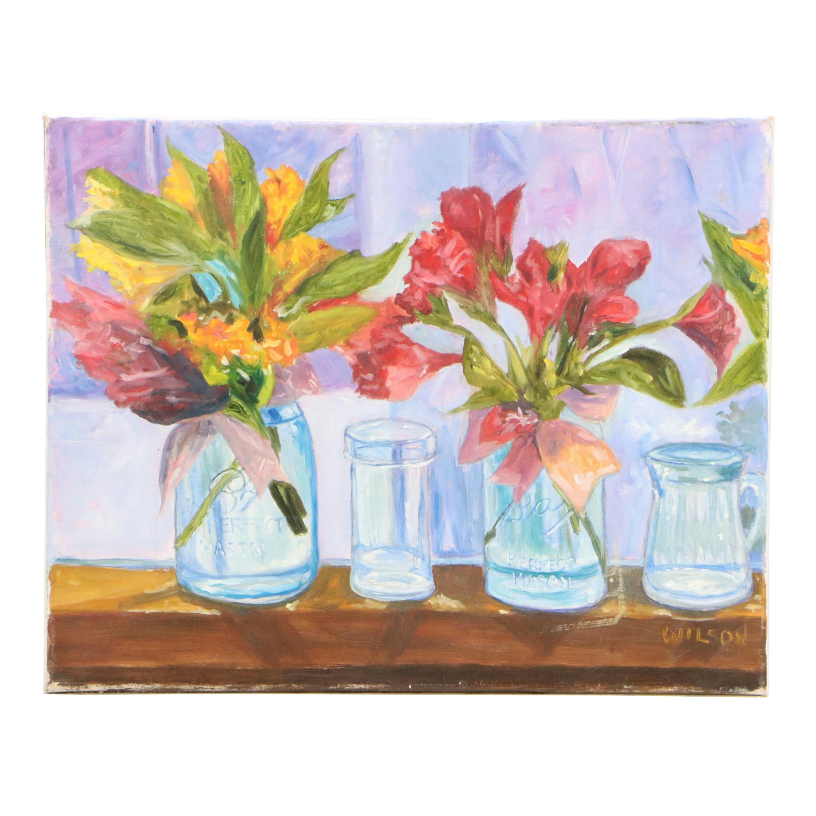 Oil Painting of Mason Jar Bouquets, 21st Century
