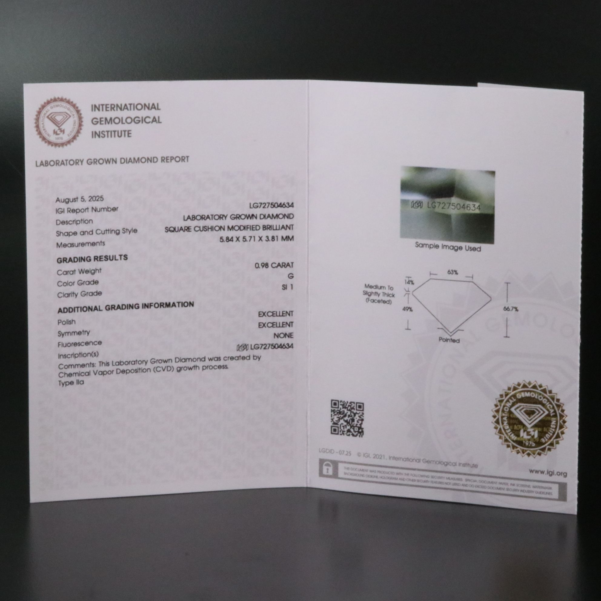 Loose 0.98 CT Lab Grown Diamond with IGI Report