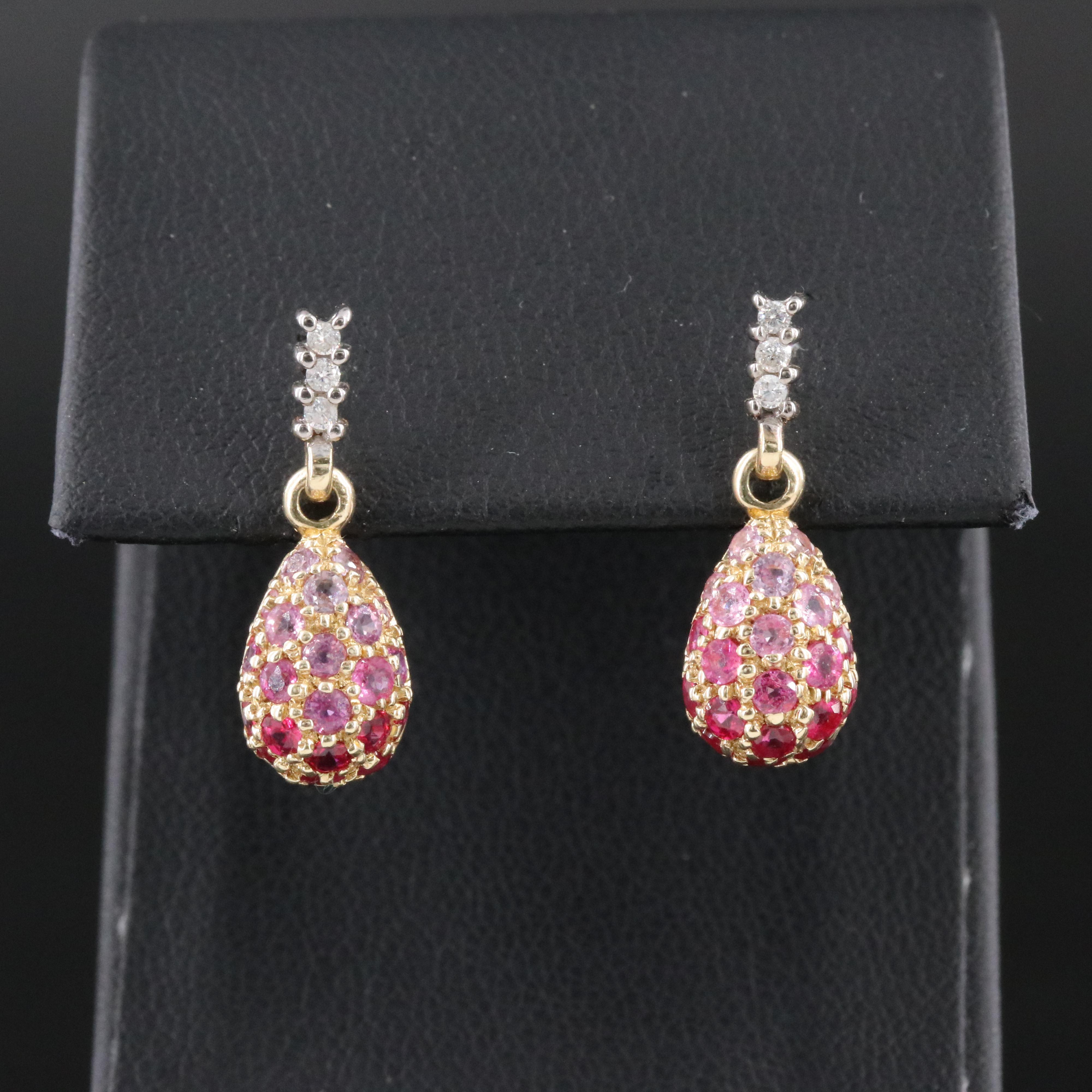 14K Pink Sapphire, Ruby, and Diamond Drop Earrings