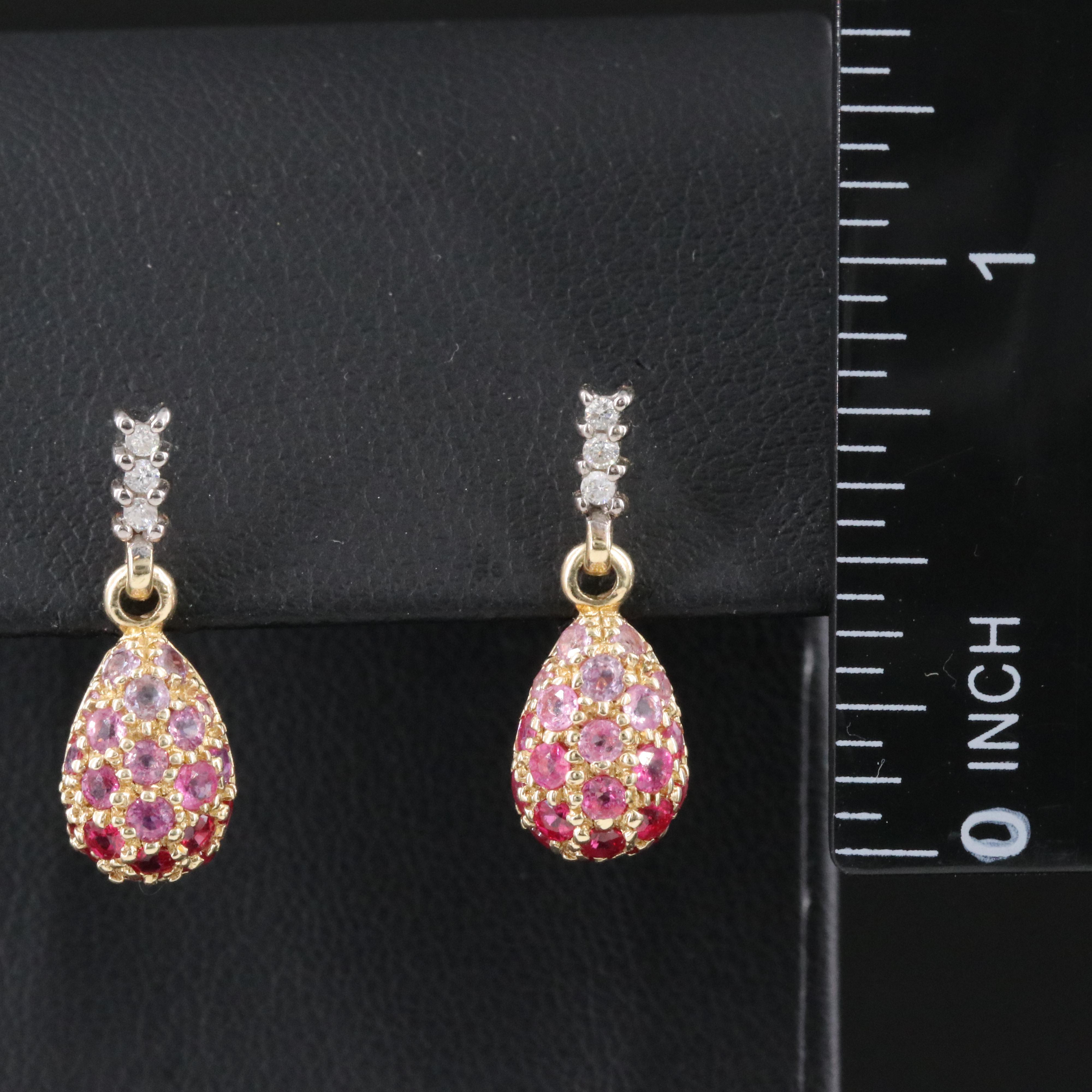 14K Pink Sapphire, Ruby, and Diamond Drop Earrings