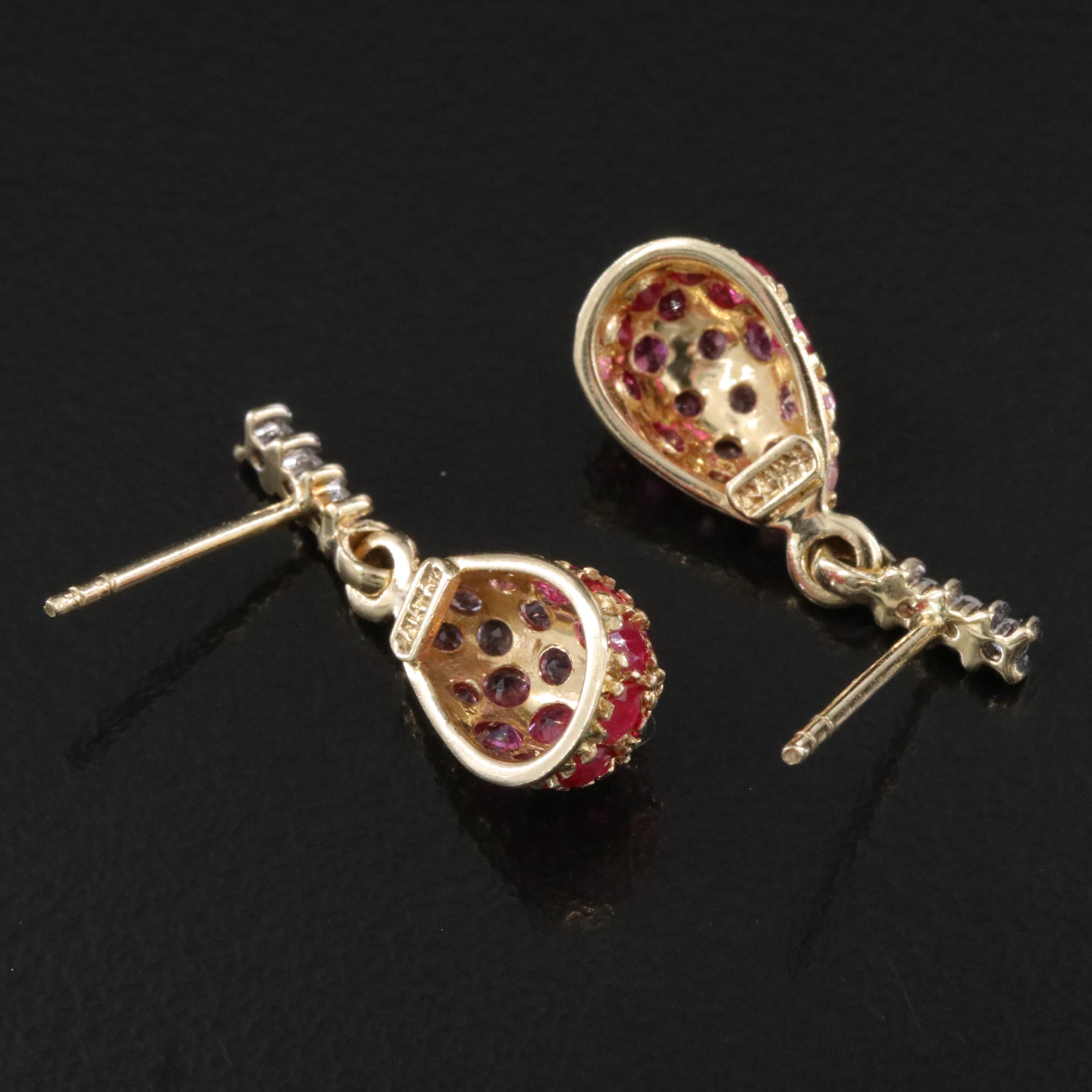 14K Pink Sapphire, Ruby, and Diamond Drop Earrings