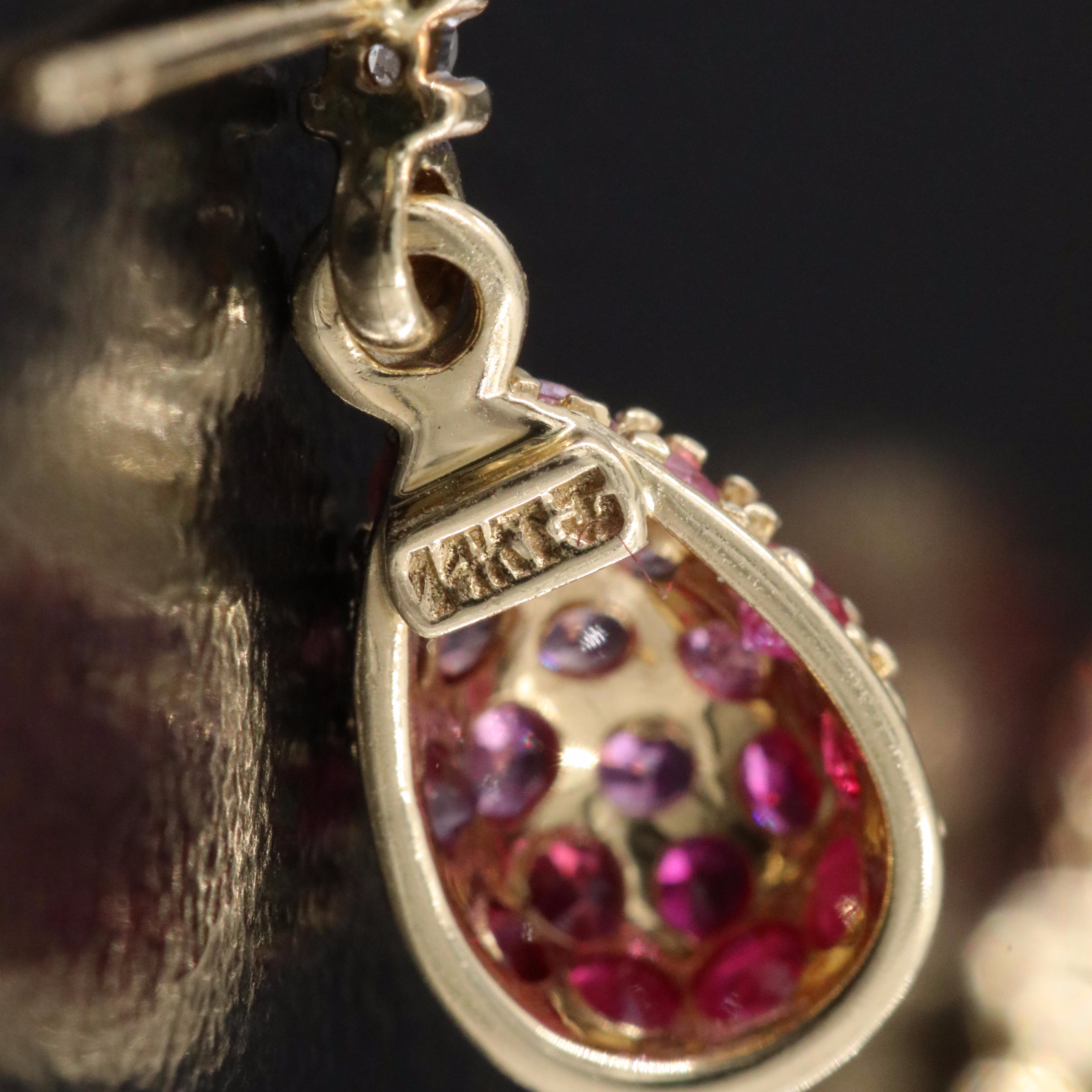 14K Pink Sapphire, Ruby, and Diamond Drop Earrings