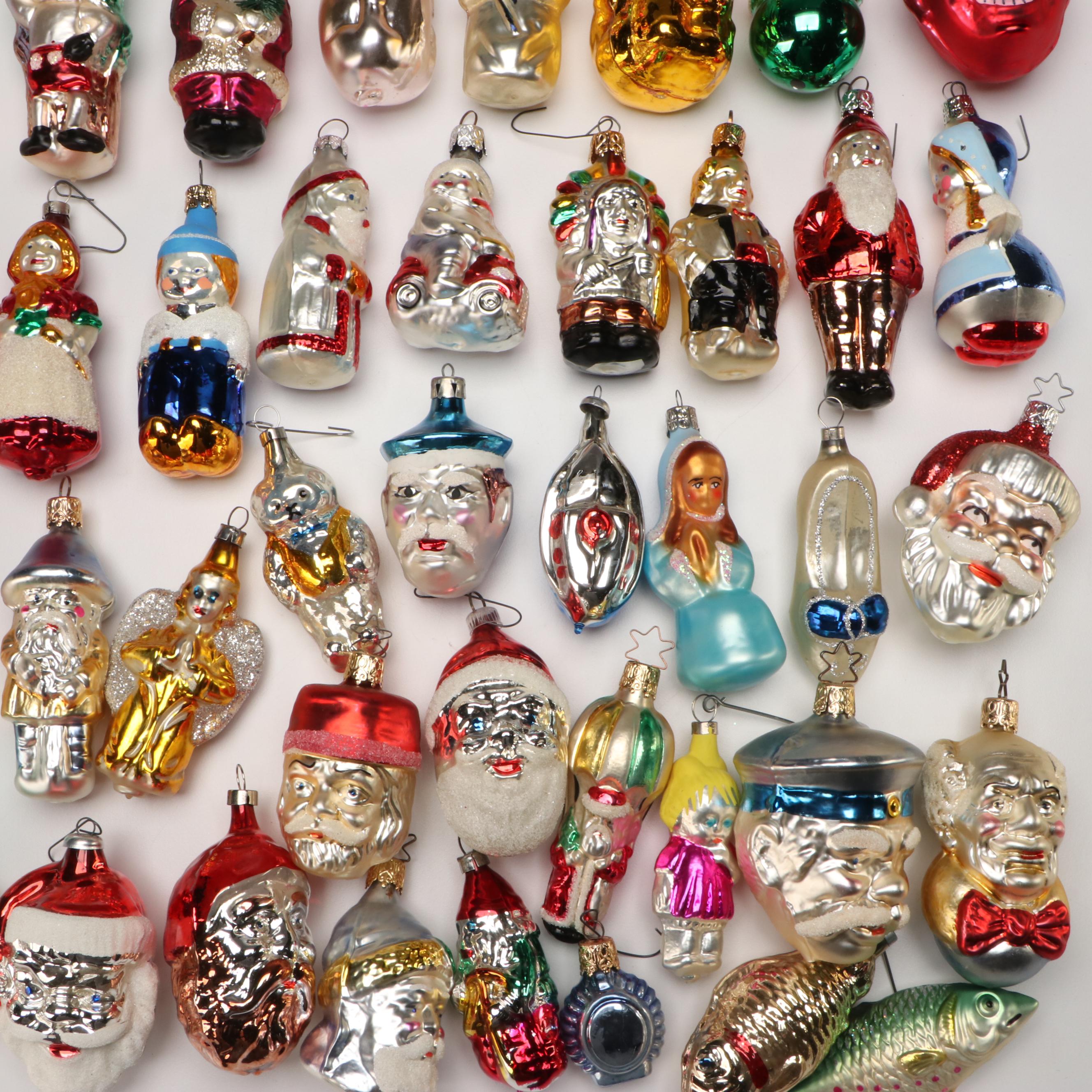 German, Czech with Other Silvered Glass Christmas Ornaments, Mid-20th Century