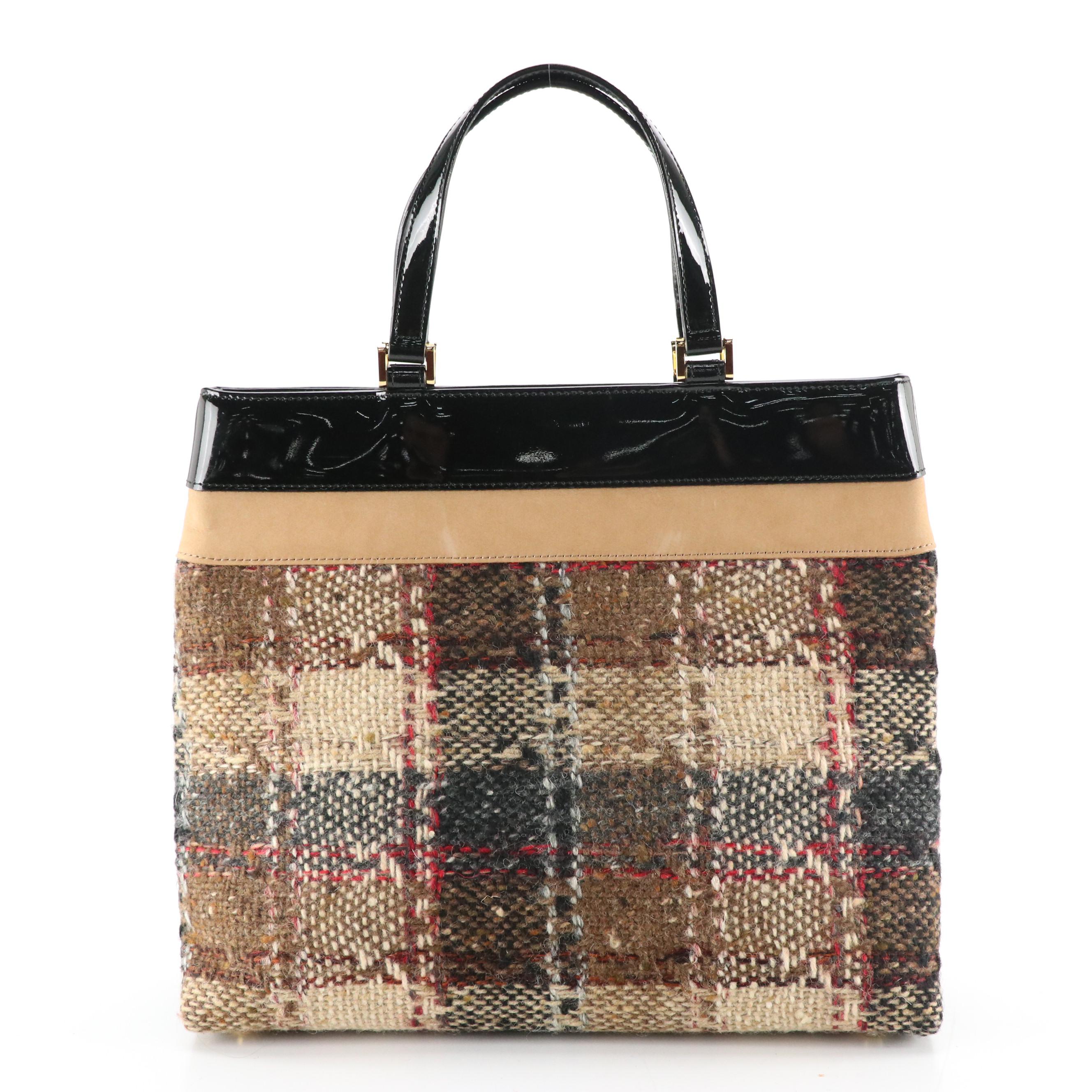 Burberry Plaid Tweed, Black Patent and Brown Leather Accented Tote