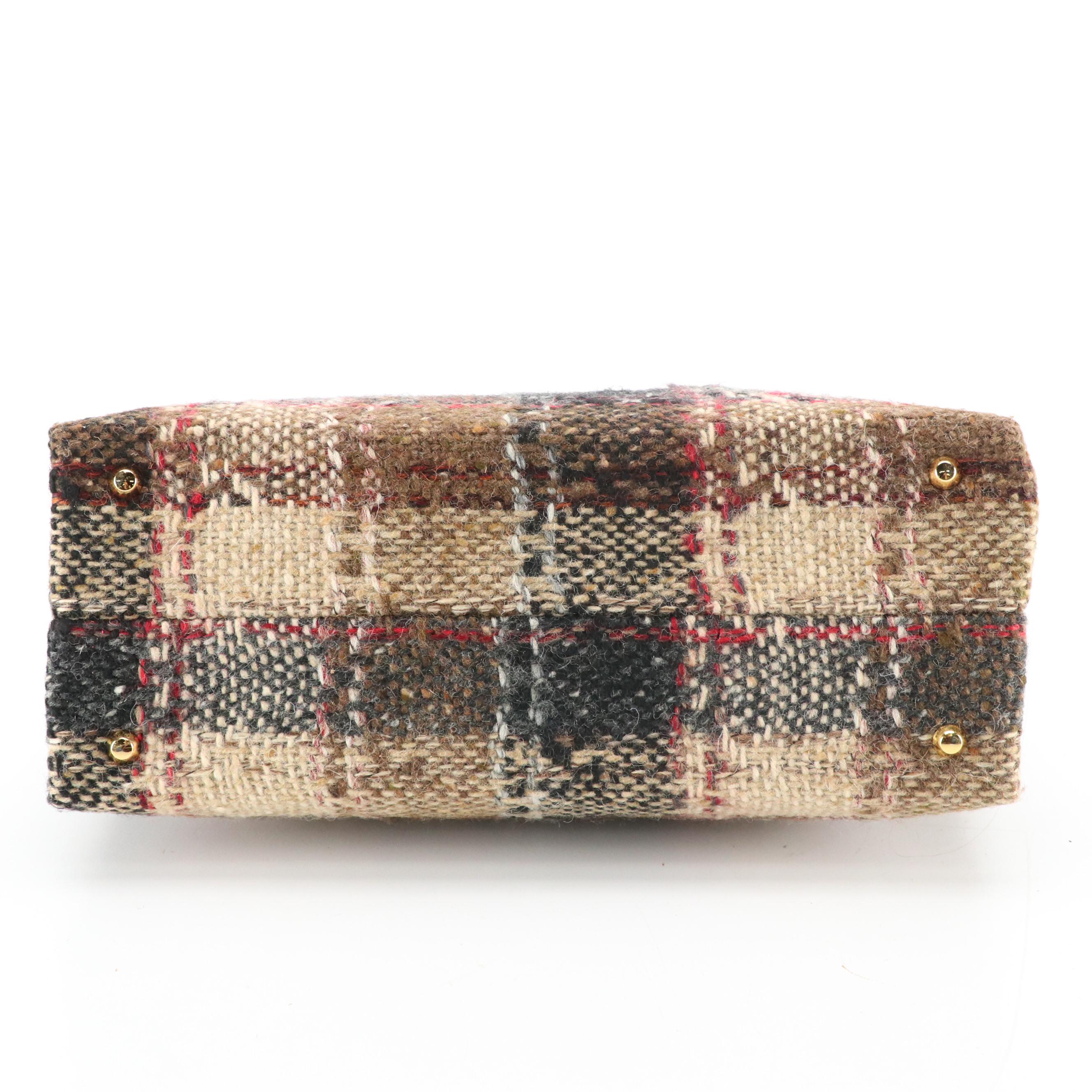 Burberry Plaid Tweed, Black Patent and Brown Leather Accented Tote