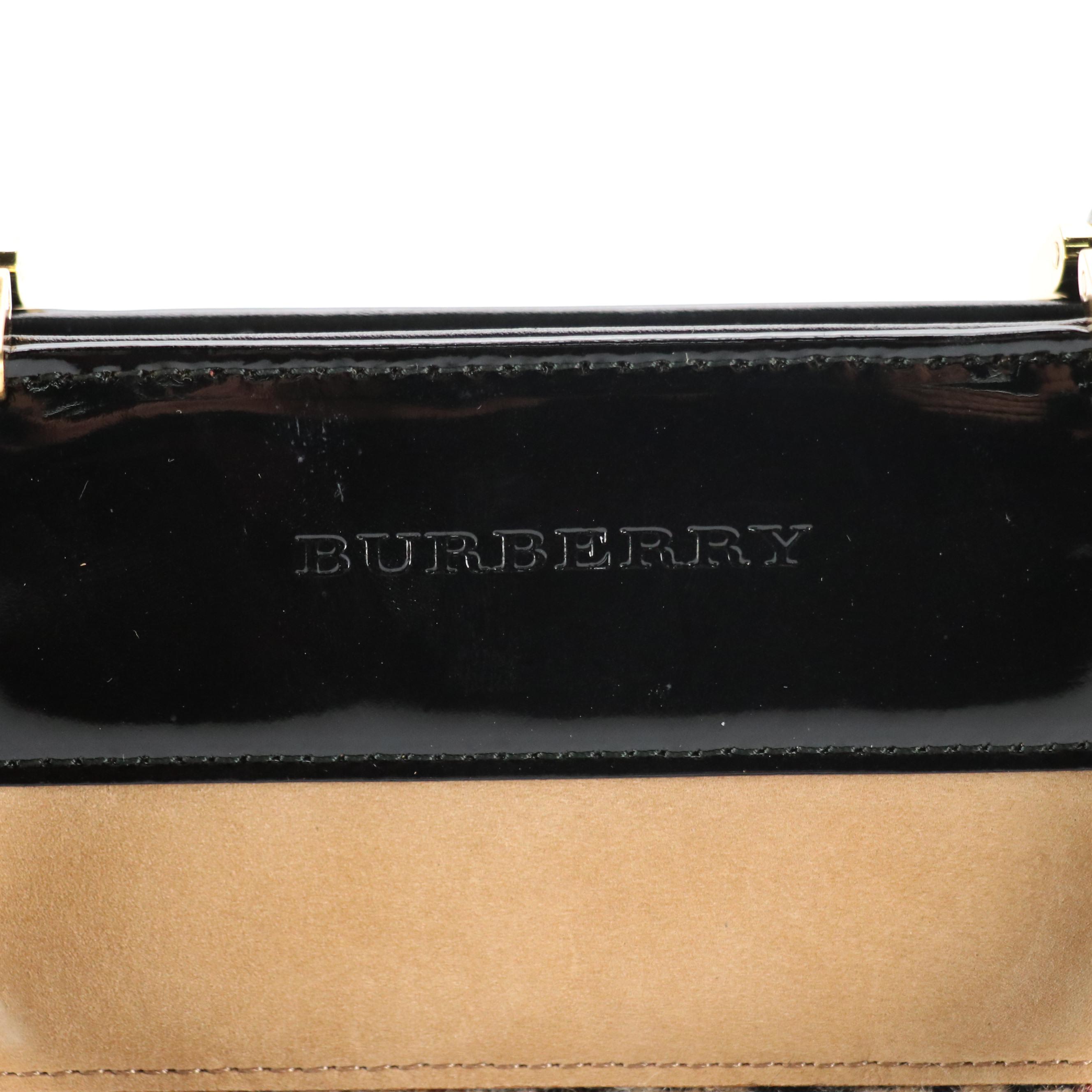 Burberry Plaid Tweed, Black Patent and Brown Leather Accented Tote