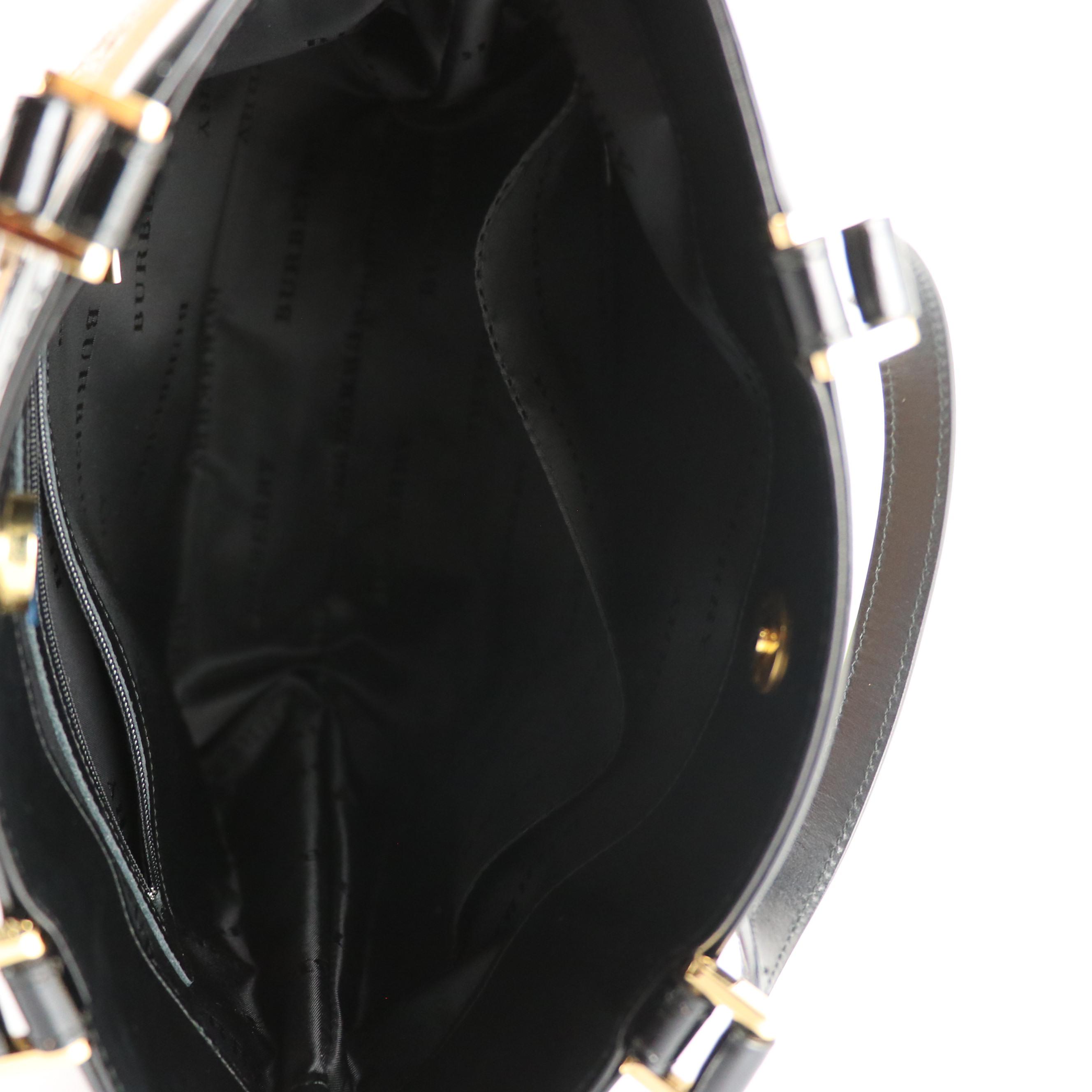 Burberry Plaid Tweed, Black Patent and Brown Leather Accented Tote