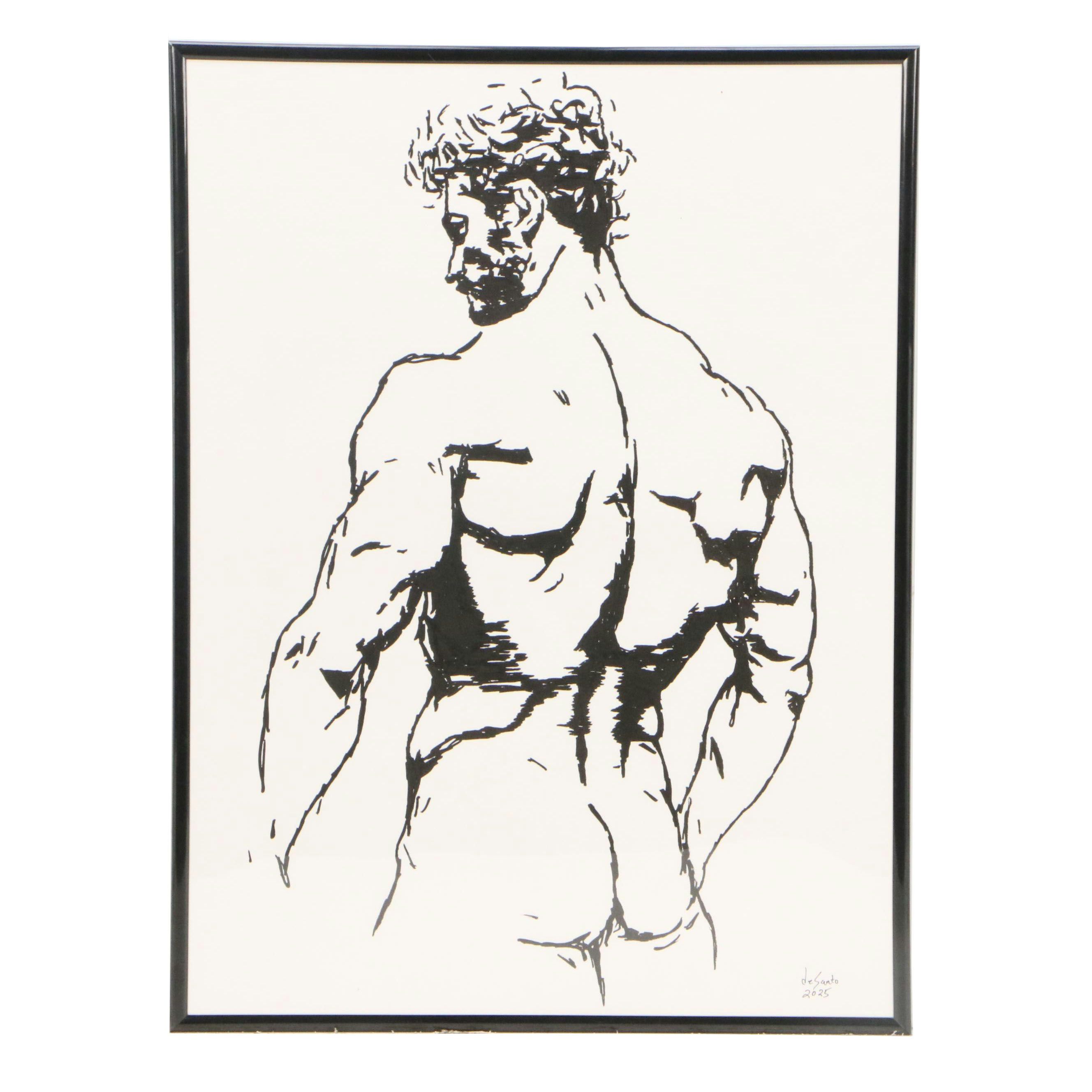 deSanto Acrylic Ink Drawing of Standing Male Nude, 2025